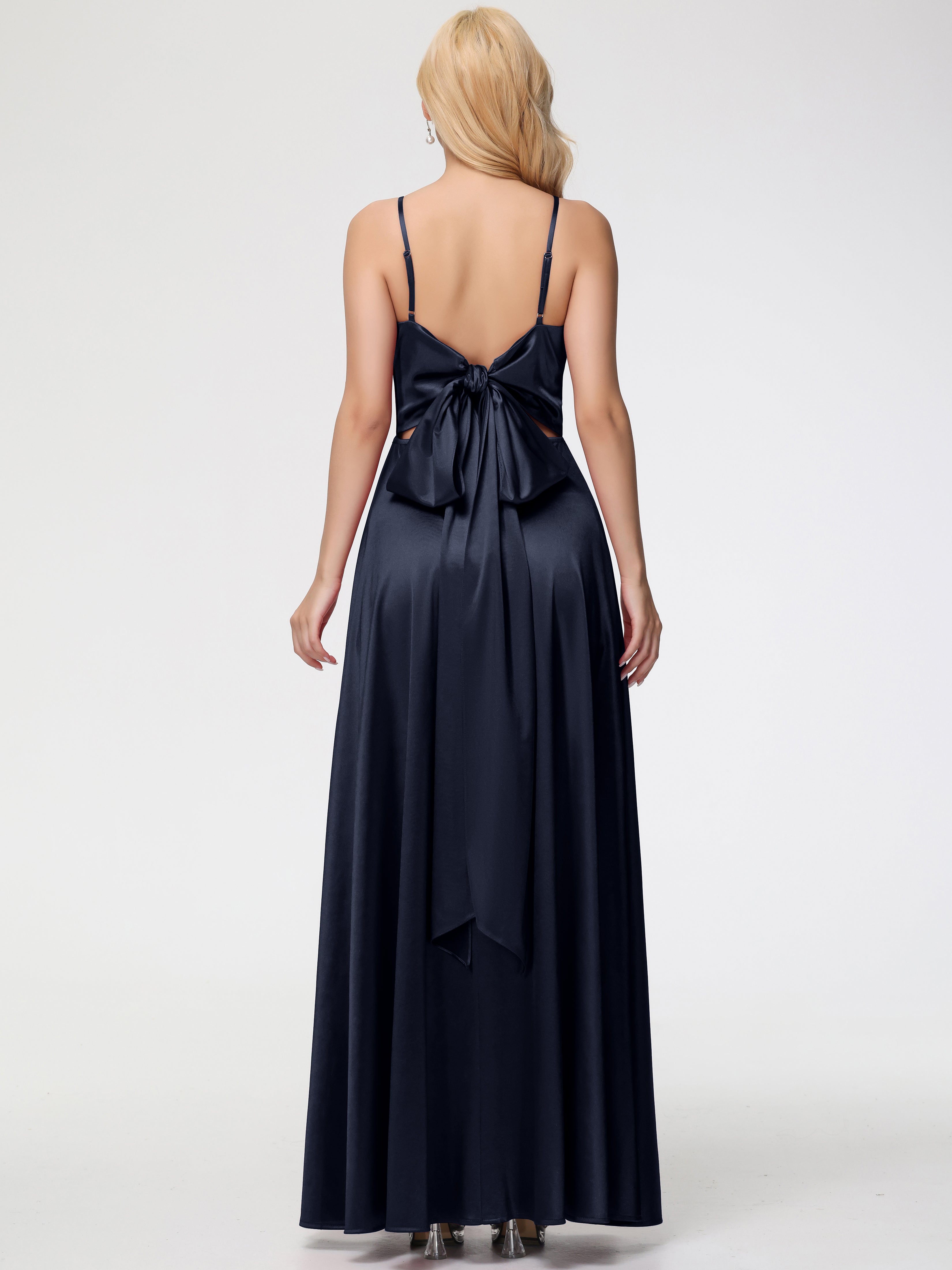 Robe Demoiselle D Honneur Bleu Marine Longue Col V Trapèze Fendue Satin Extensible Robe De Demoiselle D'Honneur Robe à Lacets