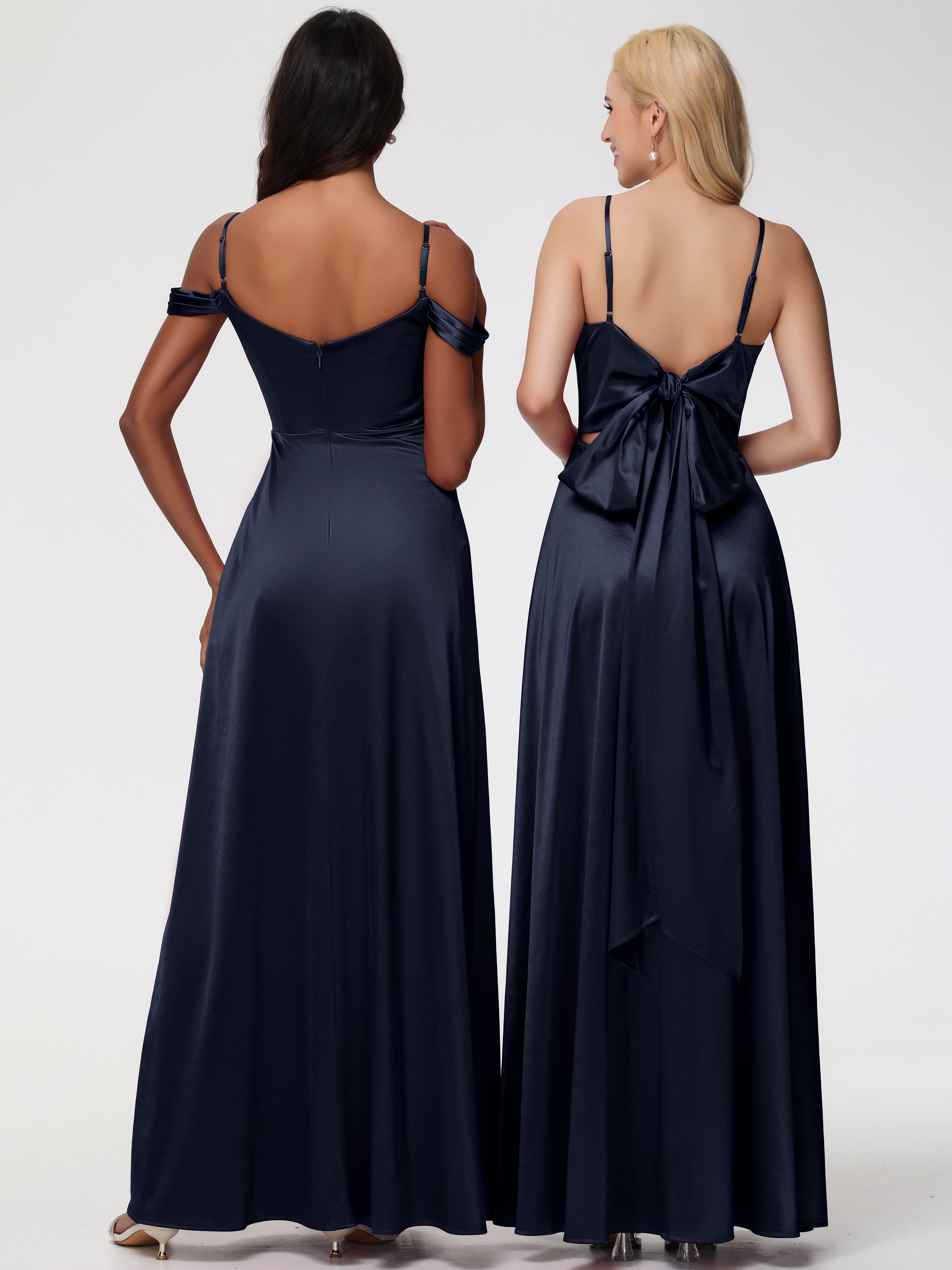 Robe Demoiselle D Honneur Bleu Marine Longue Col V Trapèze Fendue Satin Extensible Robe De Demoiselle D'Honneur Robe à Lacets