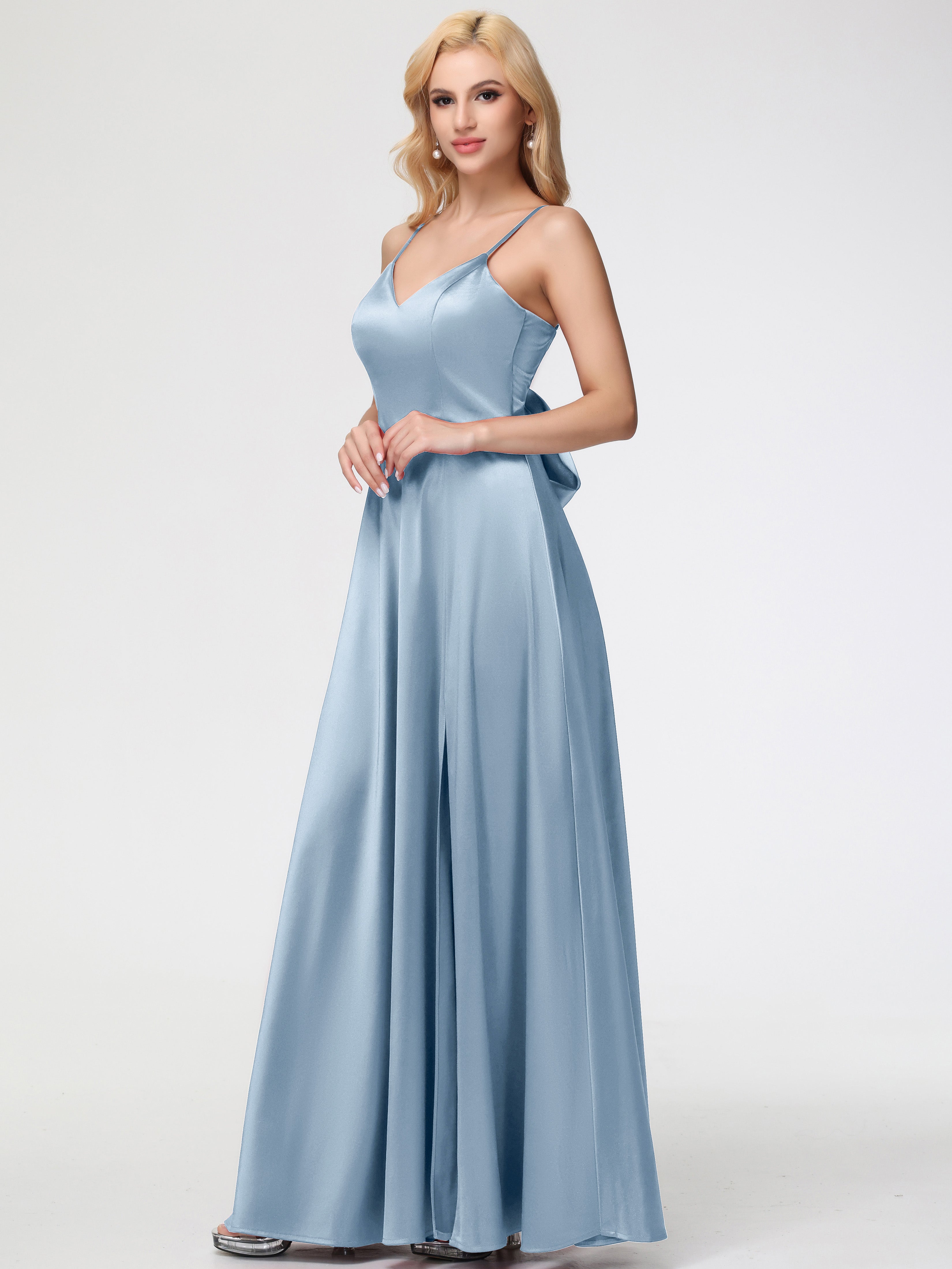 Robes De Demoiselle D'Honneur Bleu Poussiéreux Col V Trapèze Fendue Satin Extensible Robe De Demoiselle D'Honneur Robe à Lacets