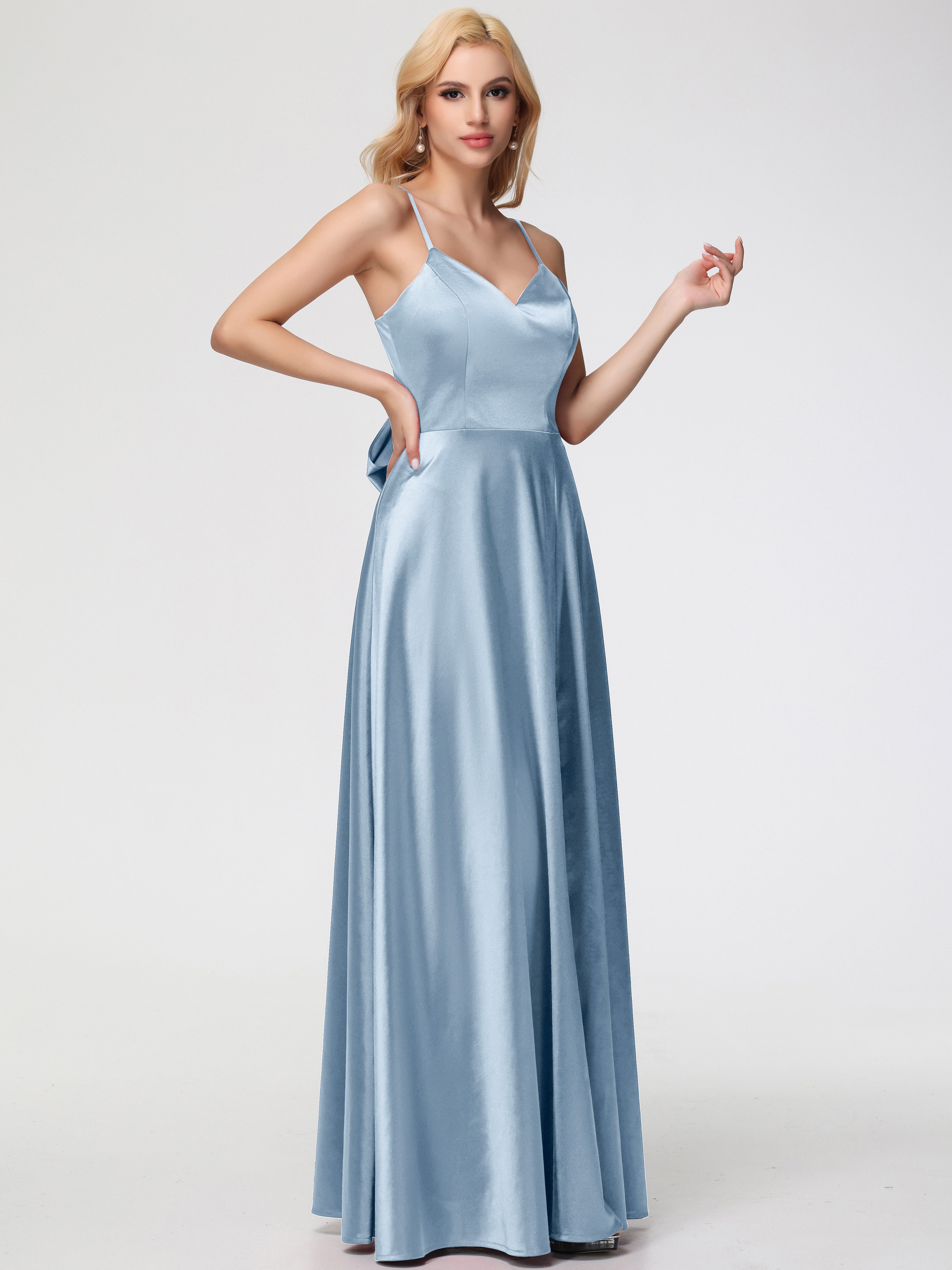 Robes De Demoiselle D'Honneur Bleu Poussiéreux Col V Trapèze Fendue Satin Extensible Robe De Demoiselle D'Honneur Robe à Lacets
