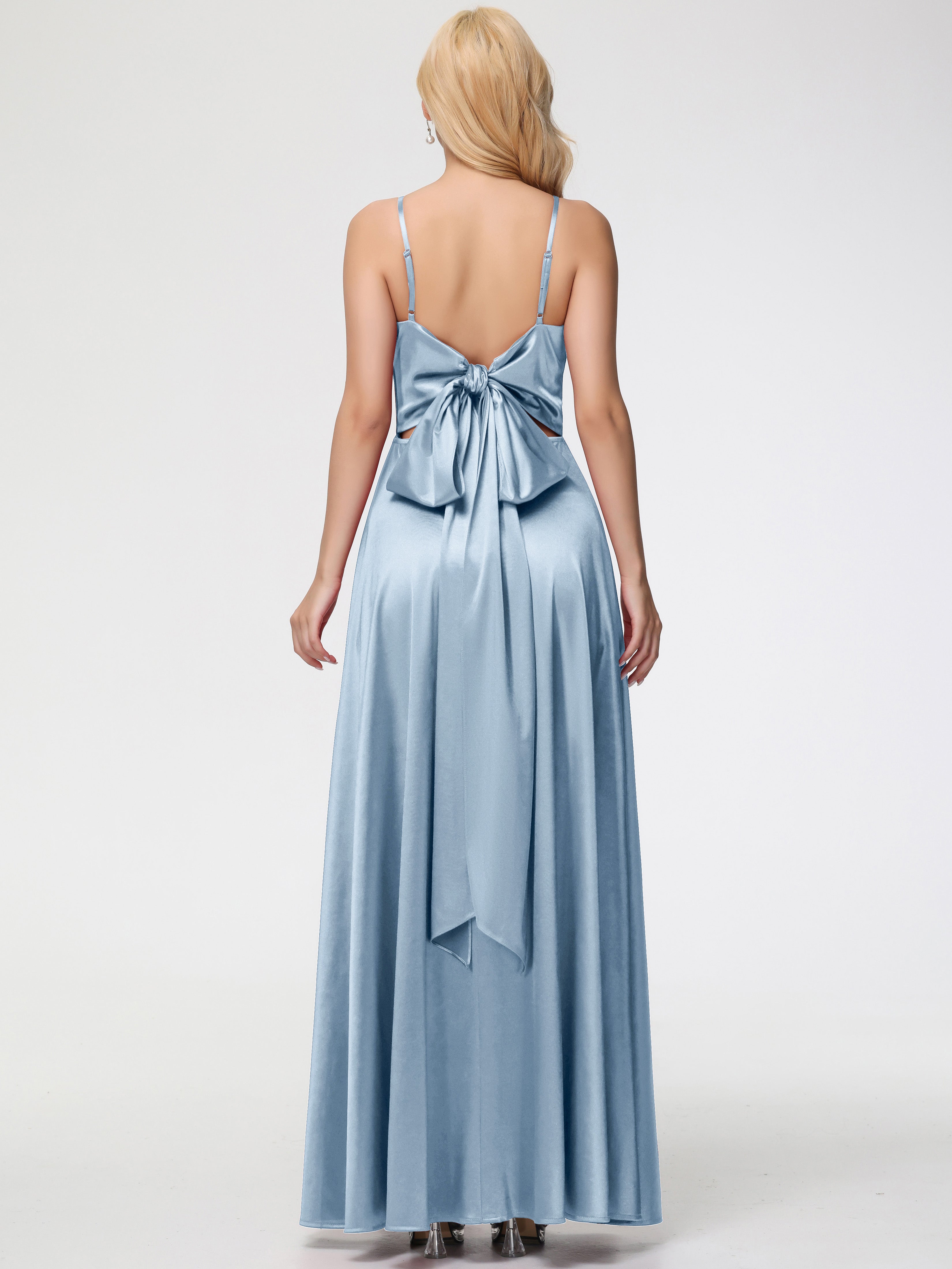 Robes De Demoiselle D'Honneur Bleu Poussiéreux Col V Trapèze Fendue Satin Extensible Robe De Demoiselle D'Honneur Robe à Lacets