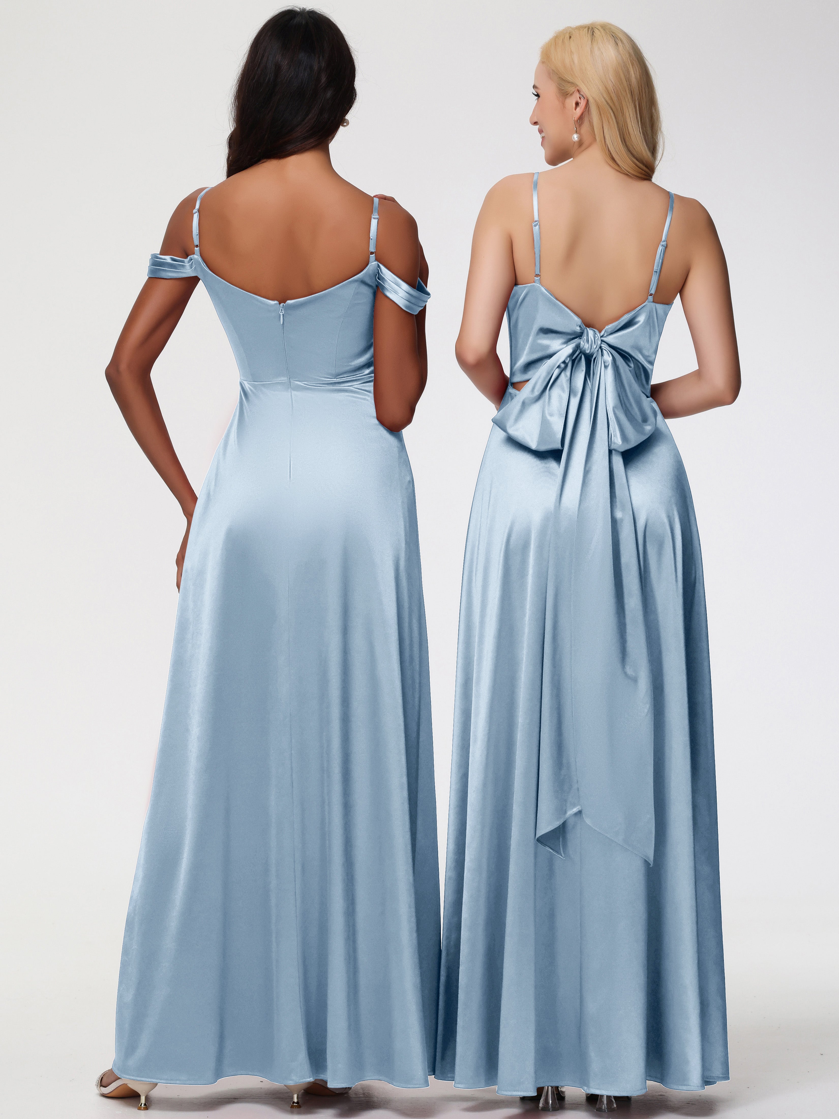 Robes De Demoiselle D'Honneur Bleu Poussiéreux Col V Trapèze Fendue Satin Extensible Robe De Demoiselle D'Honneur Robe à Lacets