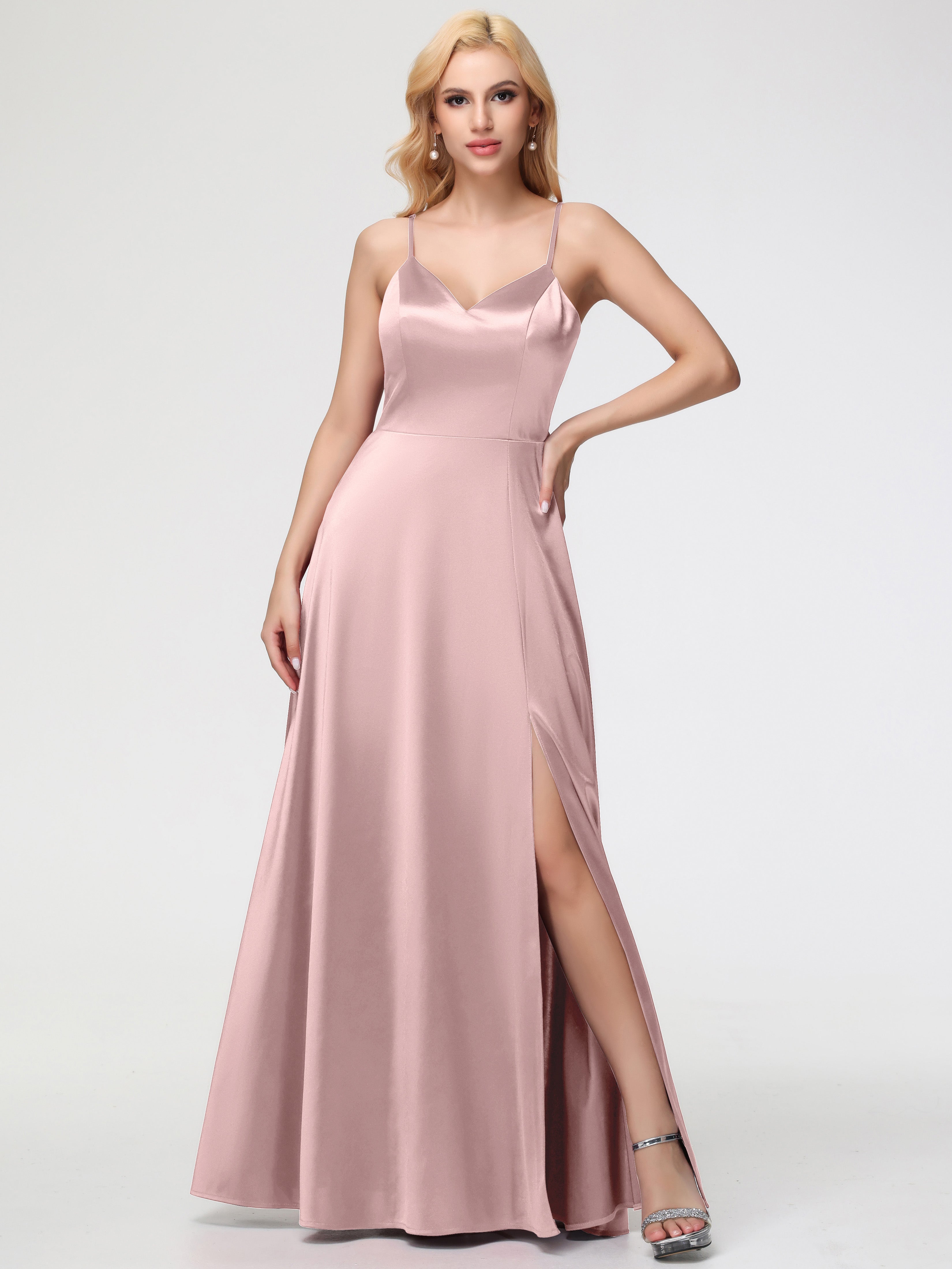Robes Demoiselle D Honneur ROSE POUDRÉ Col V Trapèze Fendue Satin Extensible Robe De Demoiselle D'Honneur Robe à Lacets