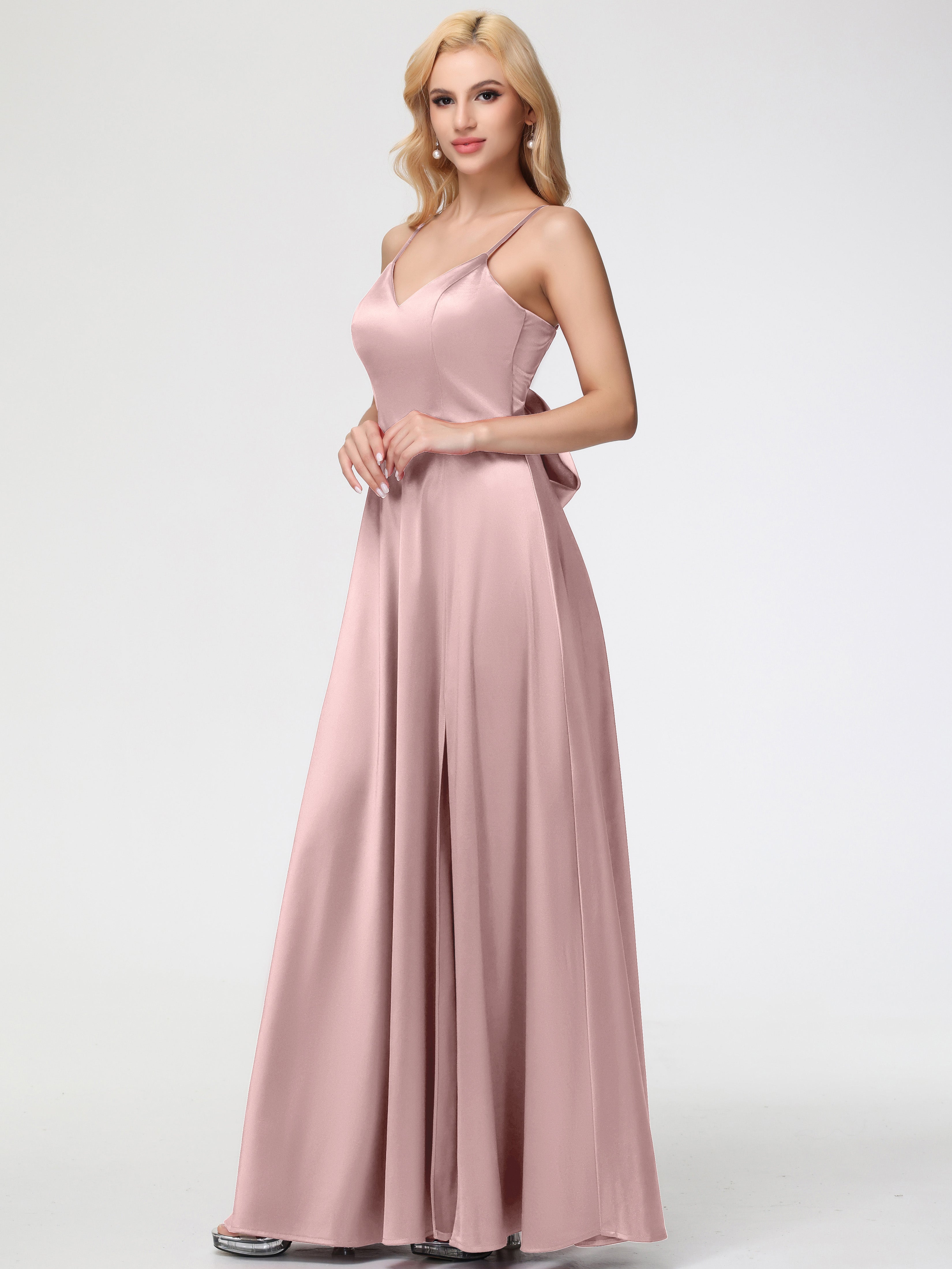 Robes Demoiselle D Honneur ROSE POUDRÉ Col V Trapèze Fendue Satin Extensible Robe De Demoiselle D'Honneur Robe à Lacets