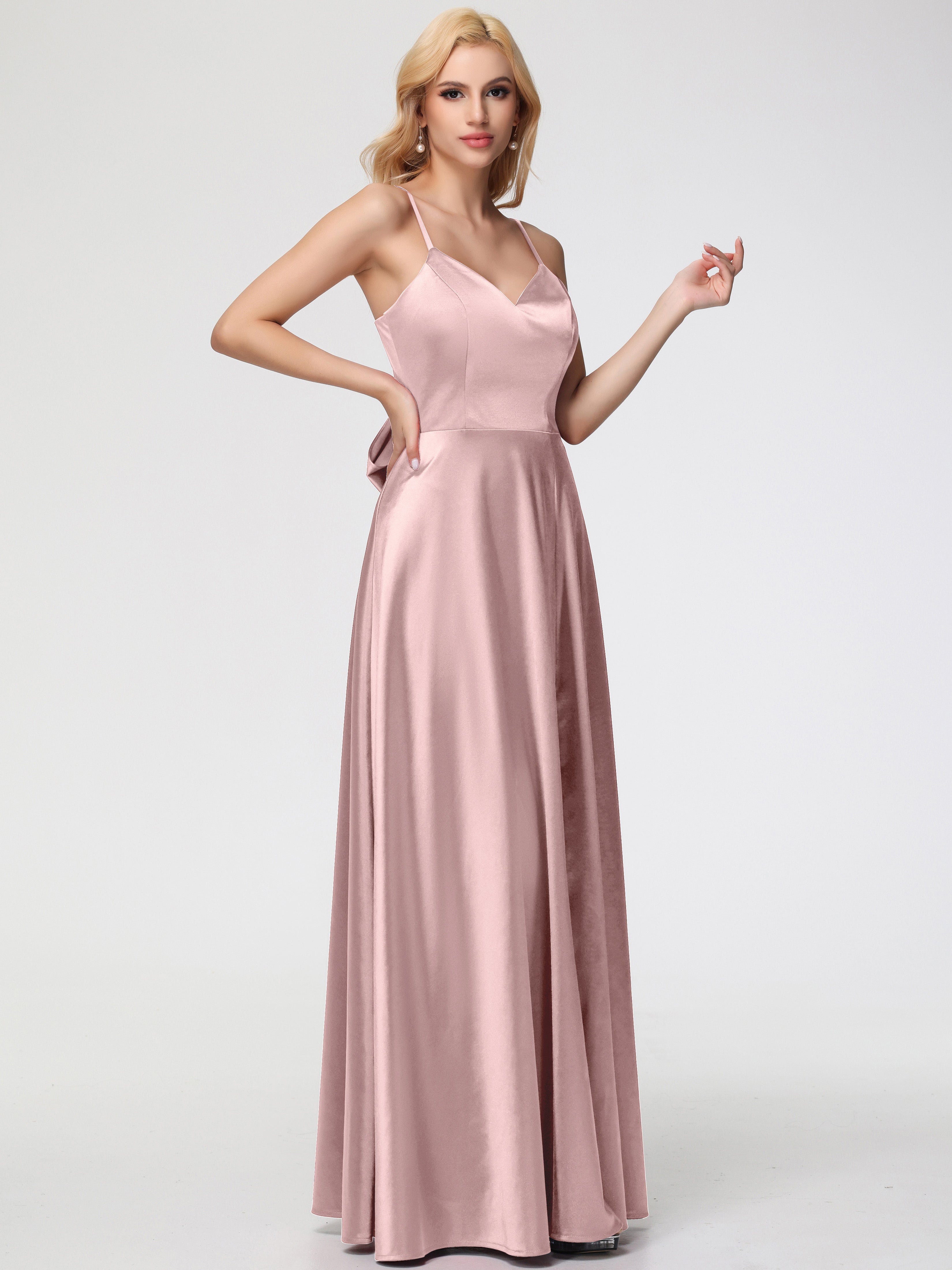 Robes Demoiselle D Honneur ROSE POUDRÉ Col V Trapèze Fendue Satin Extensible Robe De Demoiselle D'Honneur Robe à Lacets