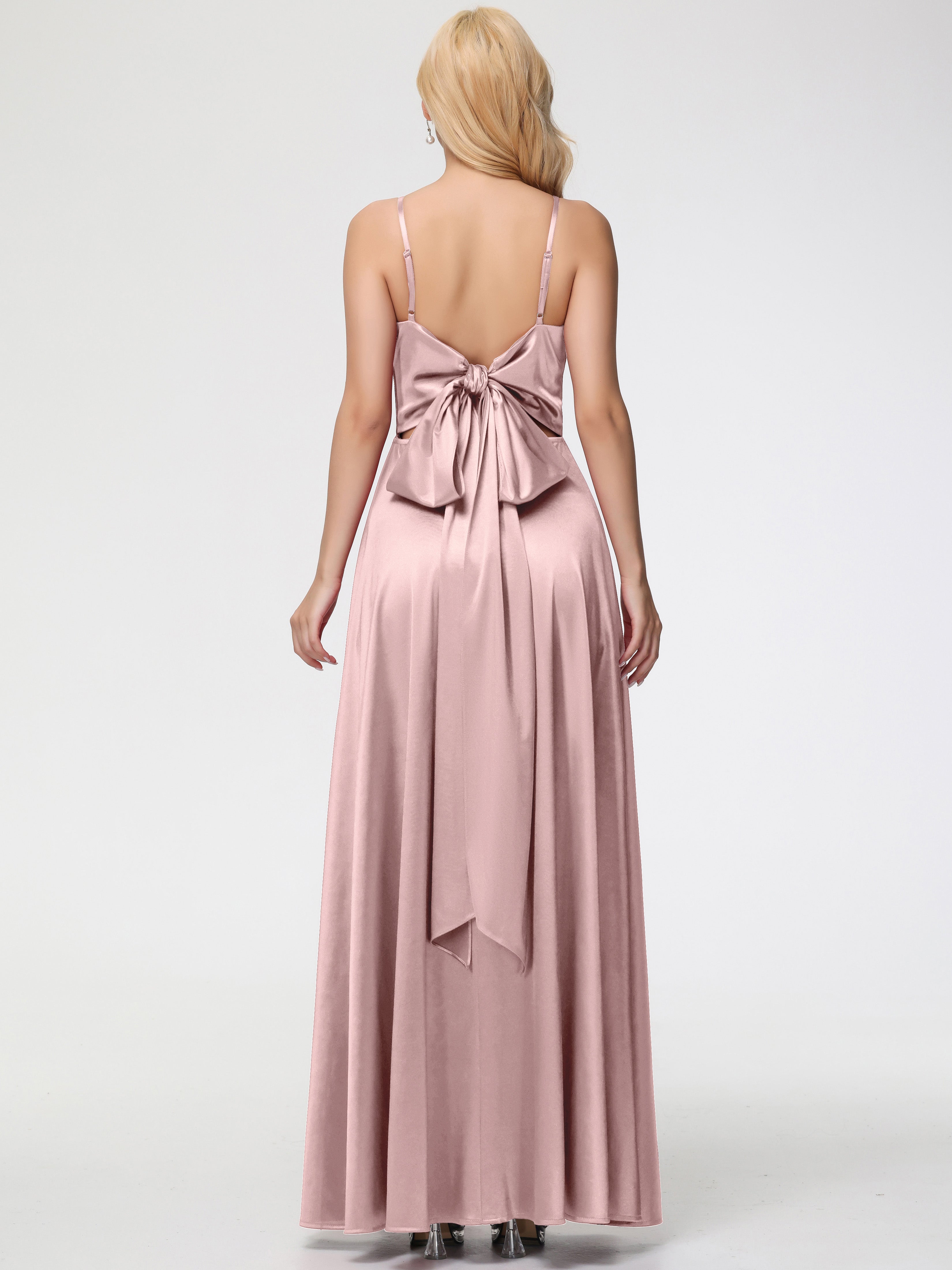 Robes Demoiselle D Honneur ROSE POUDRÉ Col V Trapèze Fendue Satin Extensible Robe De Demoiselle D'Honneur Robe à Lacets
