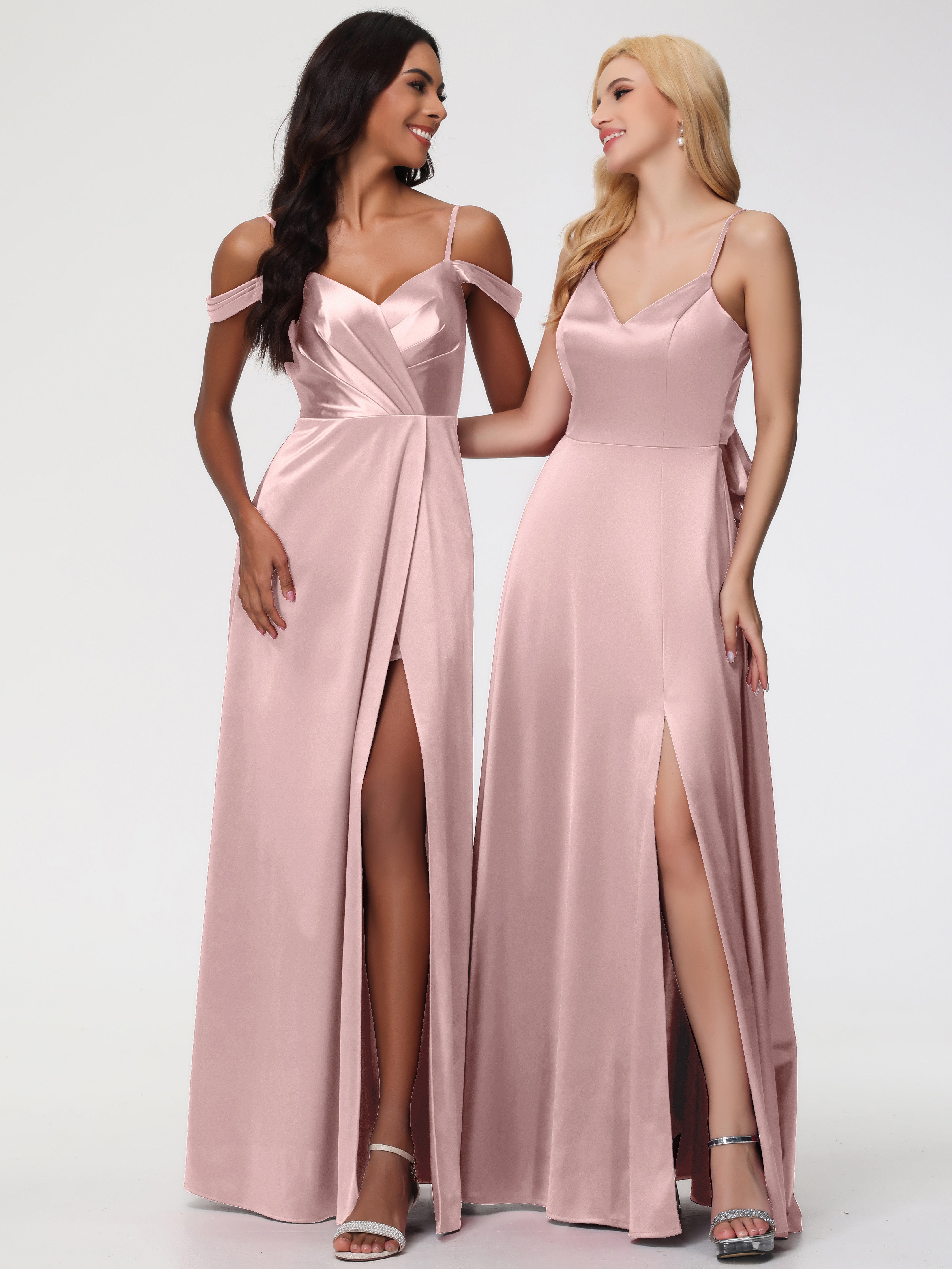 Robes Demoiselle D Honneur ROSE POUDRÉ Col V Trapèze Fendue Satin Extensible Robe De Demoiselle D'Honneur Robe à Lacets