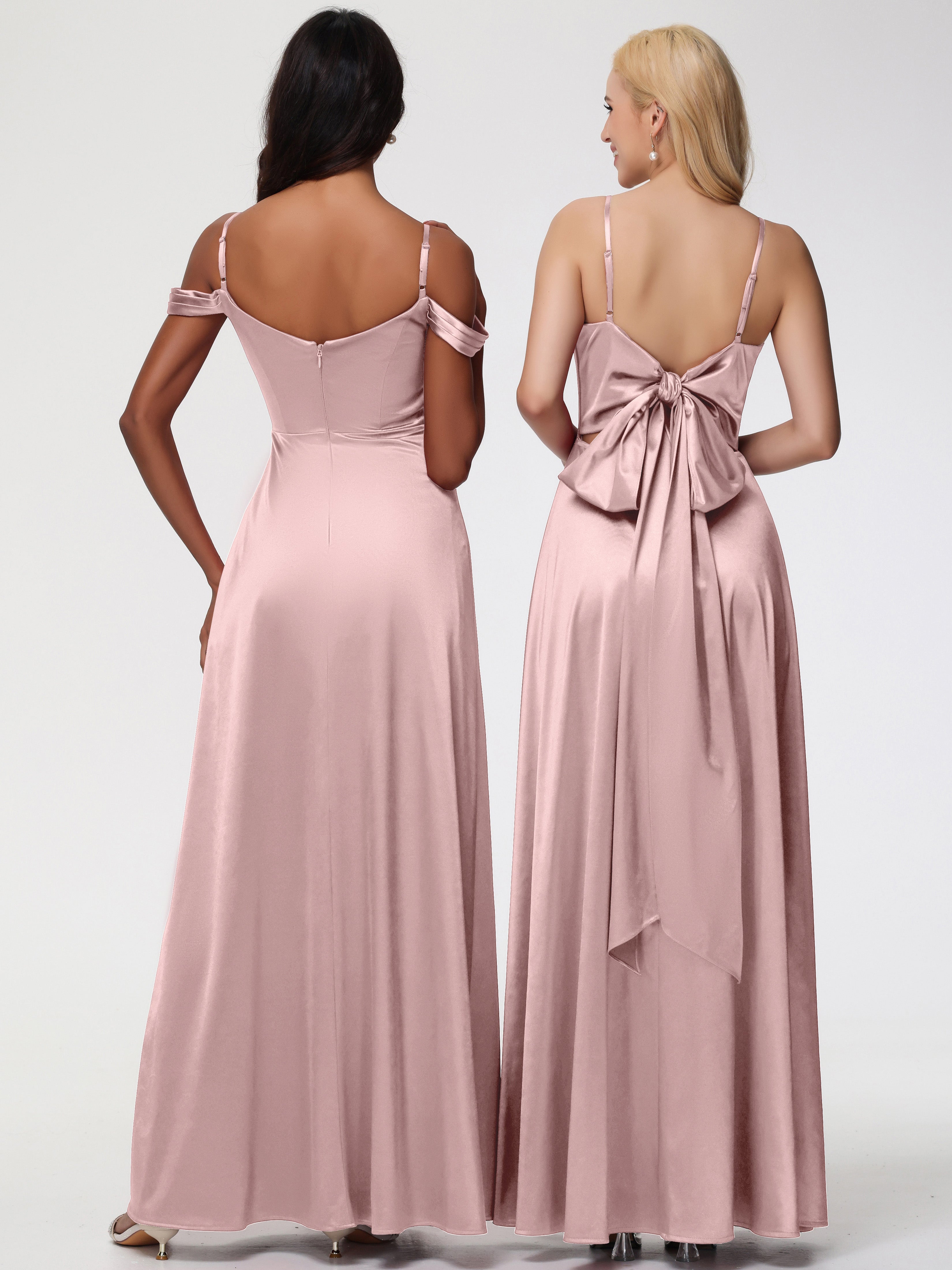 Robes Demoiselle D Honneur ROSE POUDRÉ Col V Trapèze Fendue Satin Extensible Robe De Demoiselle D'Honneur Robe à Lacets