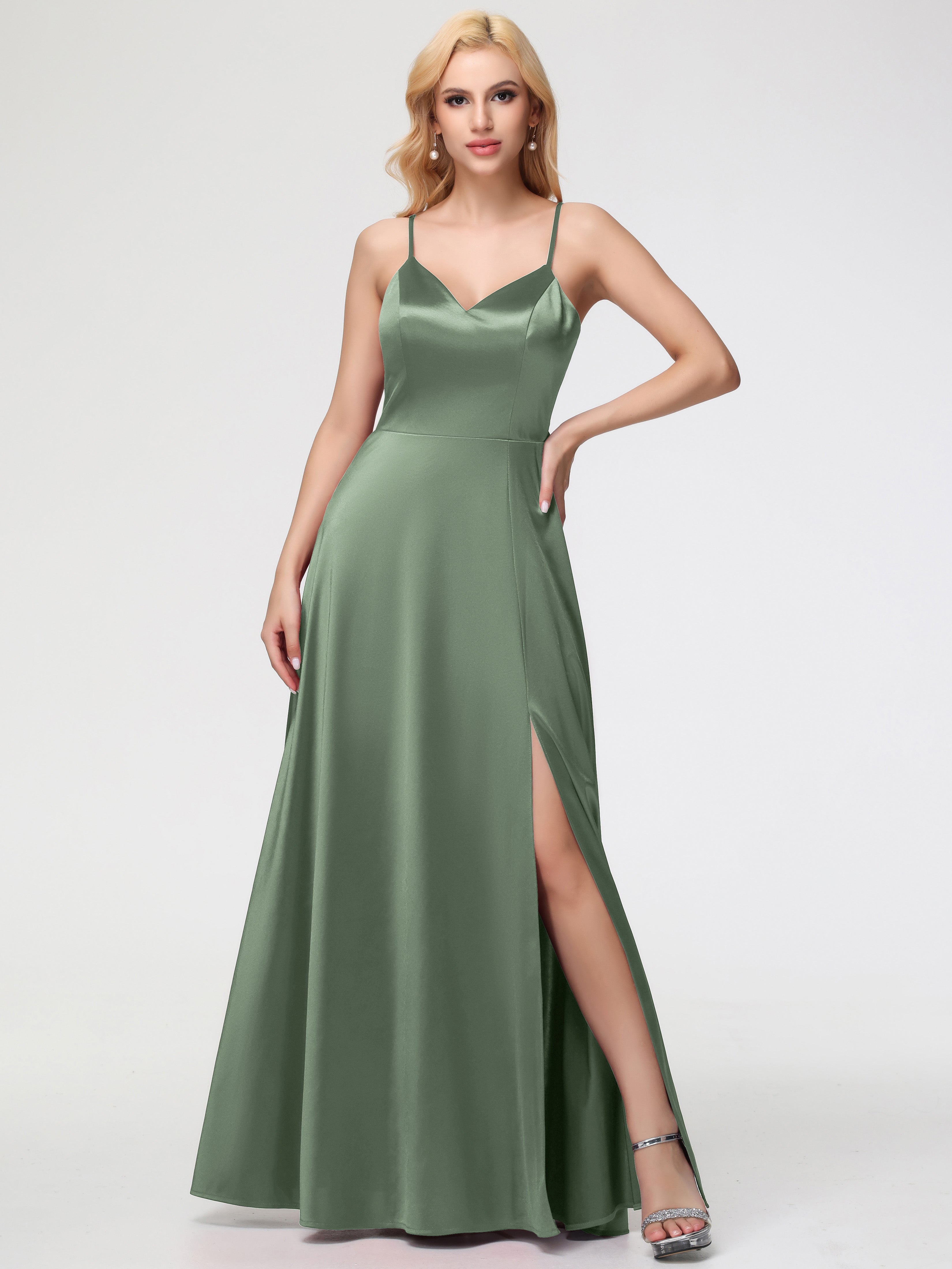 Robe De Demoiselle D'Honneur De Sauge Poussiéreuse Au Sol Col V Trapèze Fendue Satin Extensible Robe De Demoiselle D'Honneur Robe à Lacets