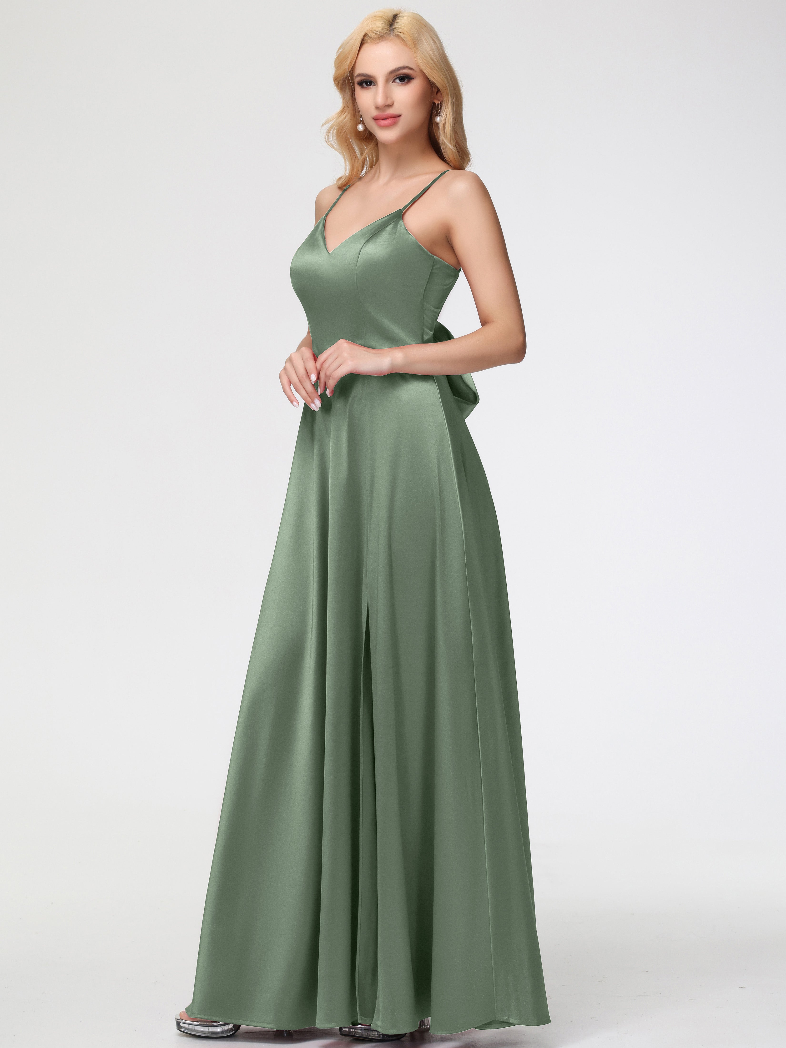 Robe De Demoiselle D'Honneur De Sauge Poussiéreuse Au Sol Col V Trapèze Fendue Satin Extensible Robe De Demoiselle D'Honneur Robe à Lacets