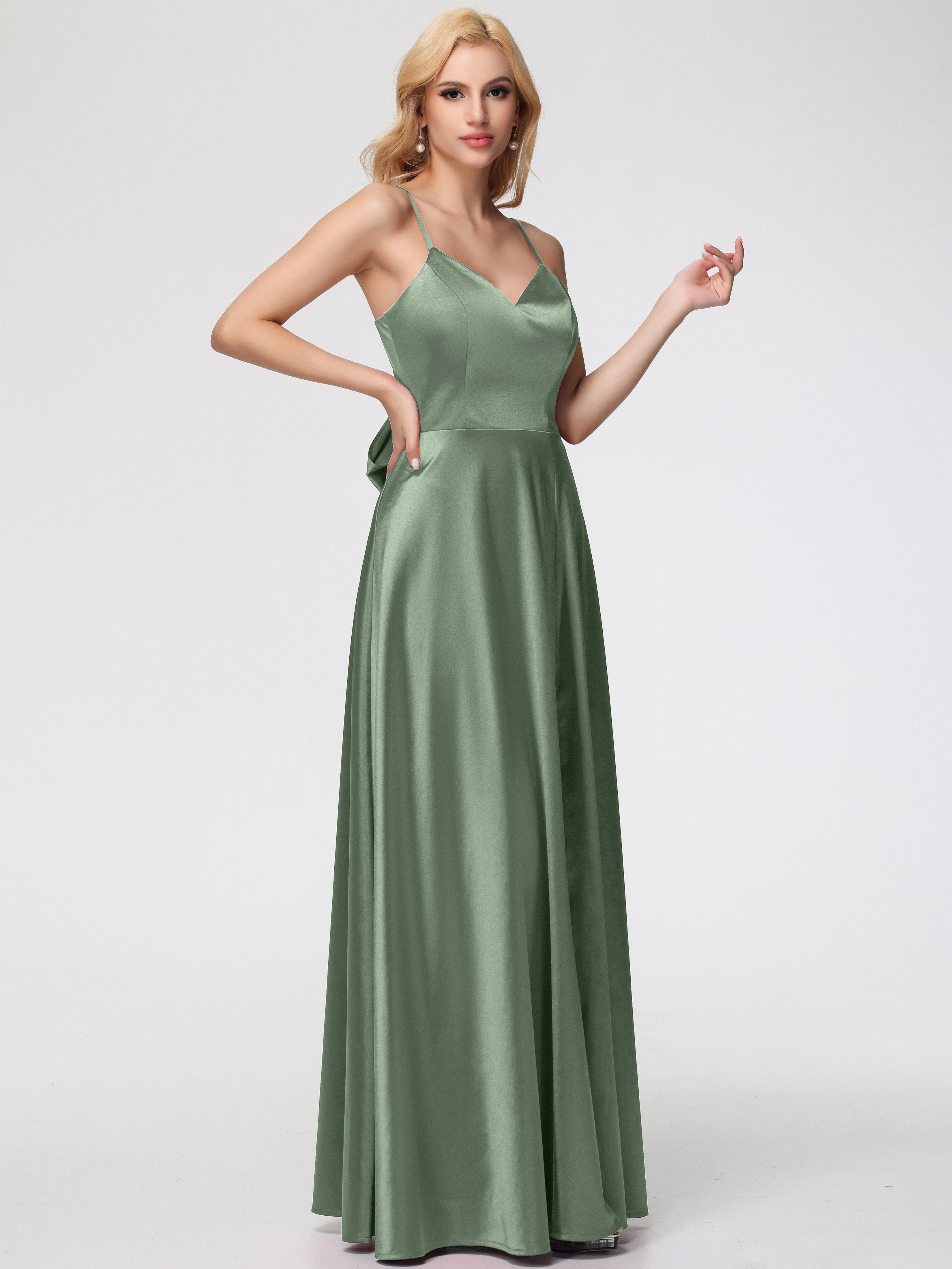 Robe De Demoiselle D'Honneur De Sauge Poussiéreuse Au Sol Col V Trapèze Fendue Satin Extensible Robe De Demoiselle D'Honneur Robe à Lacets