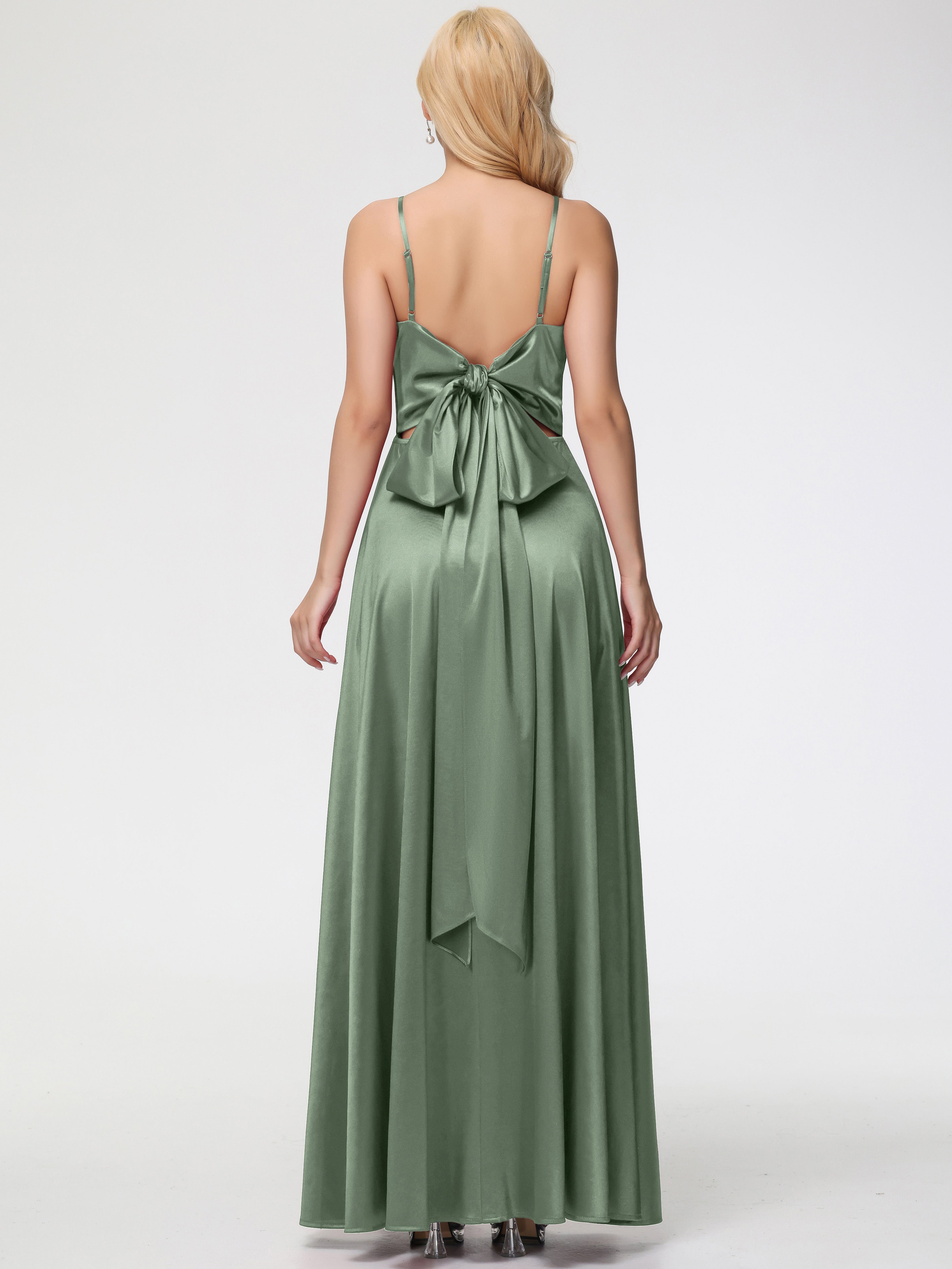 Robe De Demoiselle D'Honneur De Sauge Poussiéreuse Au Sol Col V Trapèze Fendue Satin Extensible Robe De Demoiselle D'Honneur Robe à Lacets