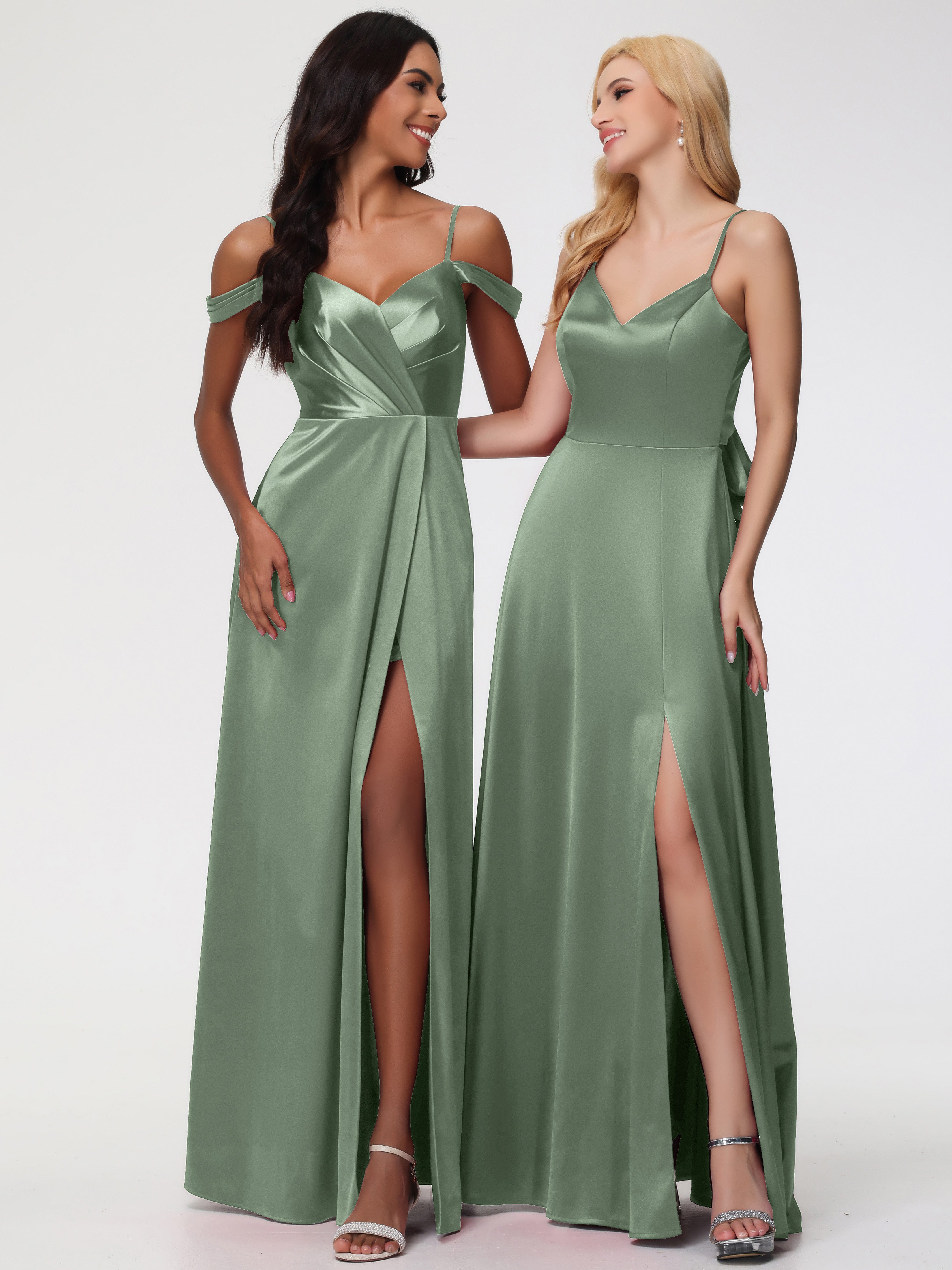 Robe De Demoiselle D'Honneur De Sauge Poussiéreuse Au Sol Col V Trapèze Fendue Satin Extensible Robe De Demoiselle D'Honneur Robe à Lacets