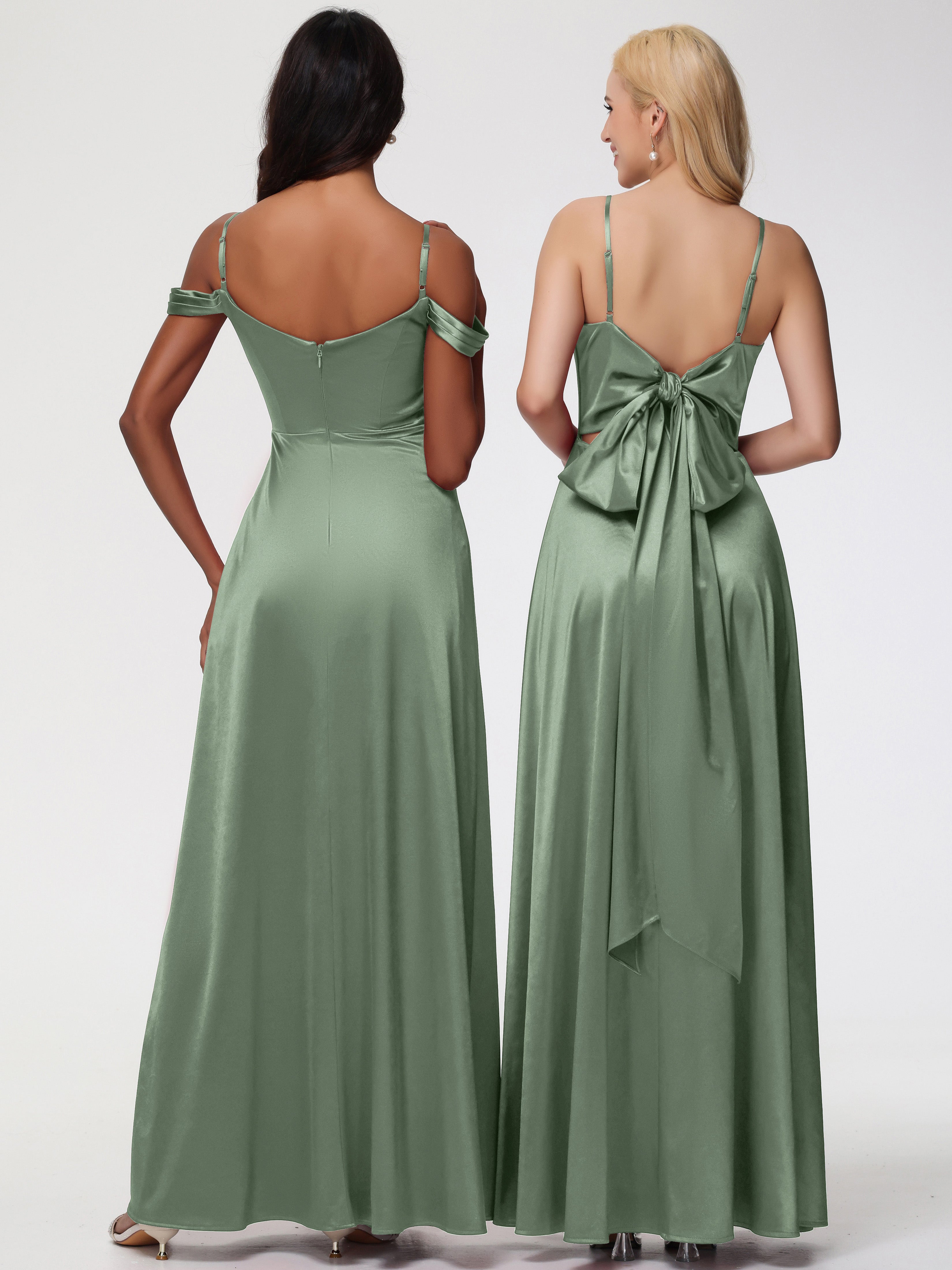 Robe De Demoiselle D'Honneur De Sauge Poussiéreuse Au Sol Col V Trapèze Fendue Satin Extensible Robe De Demoiselle D'Honneur Robe à Lacets