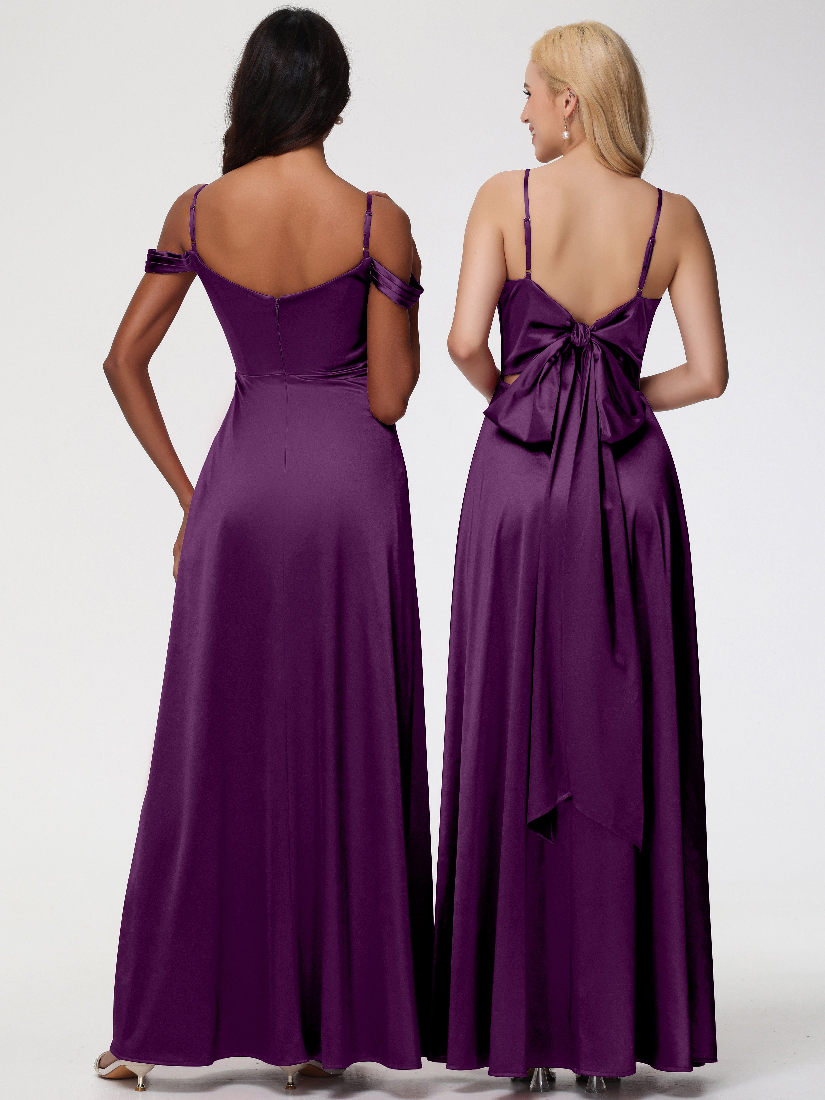 Robes De Demoiselle D'Honneur Raisin Col V Trapèze Fendue Satin Extensible Robe De Demoiselle D'Honneur Robe à Lacets