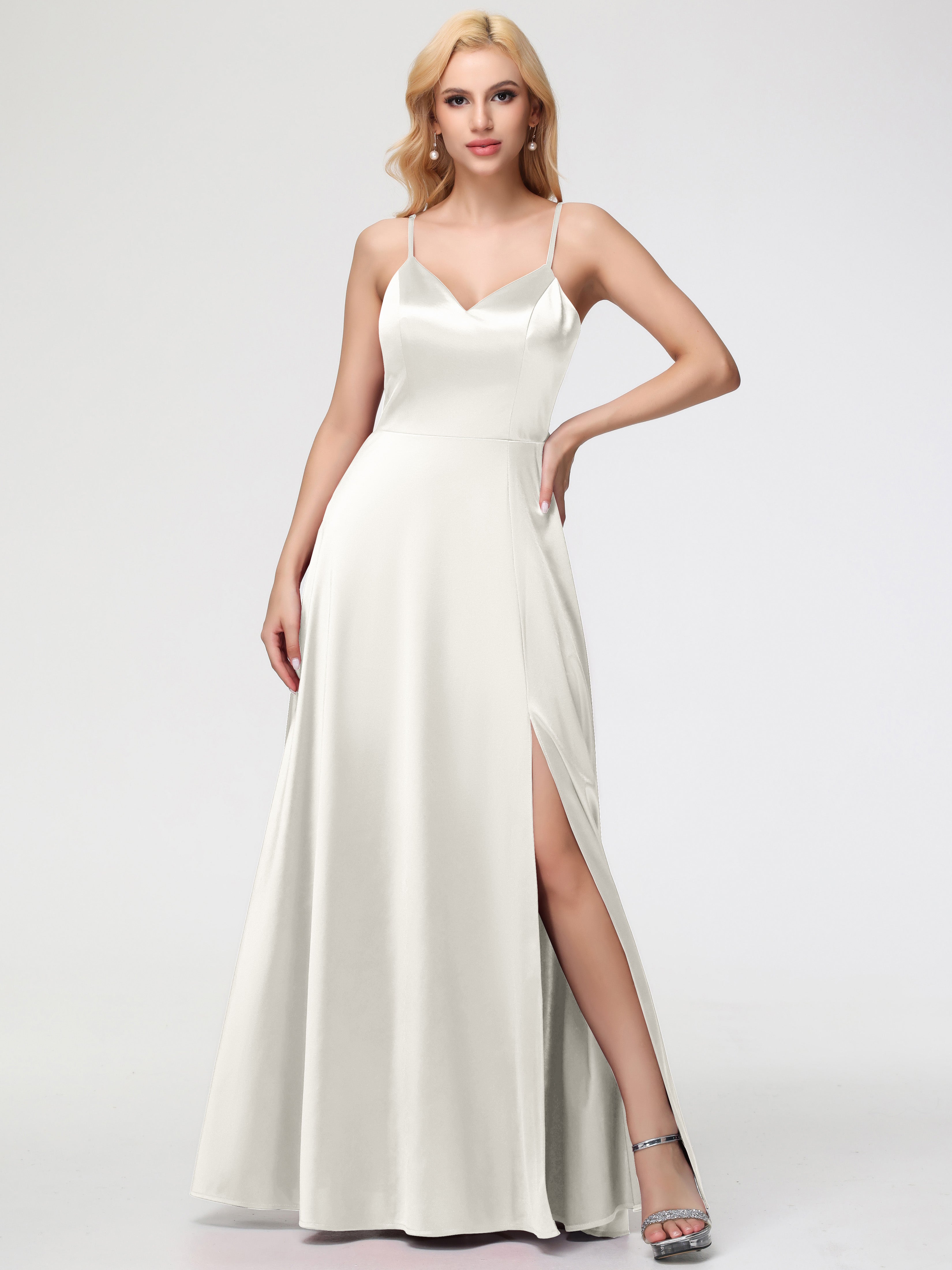 Robe De Demoiselle D Honneur Ivoire Col V Trapèze Fendue Satin Extensible Robe De Demoiselle D'Honneur Robe à Lacets