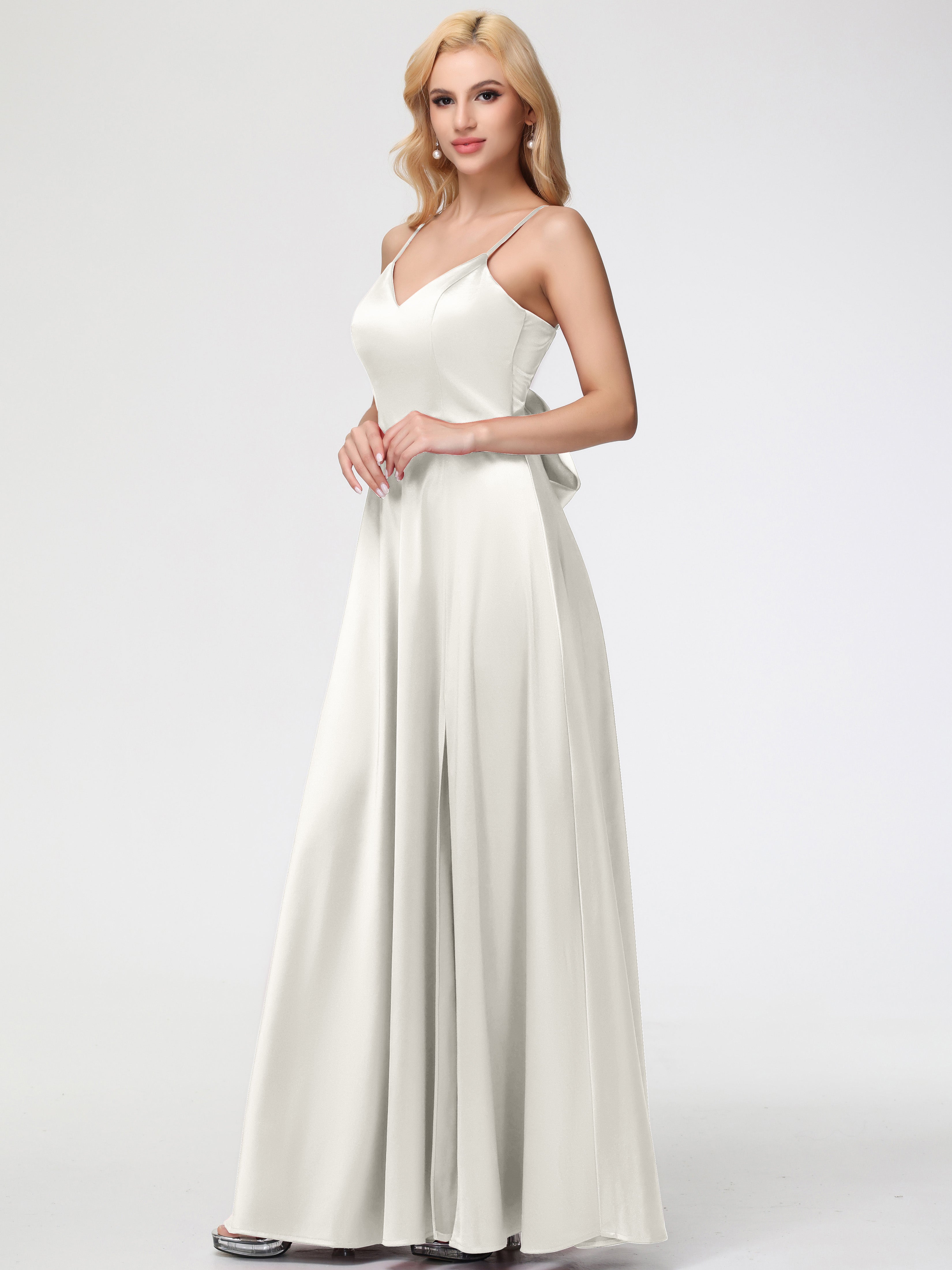 Robe De Demoiselle D Honneur Ivoire Col V Trapèze Fendue Satin Extensible Robe De Demoiselle D'Honneur Robe à Lacets