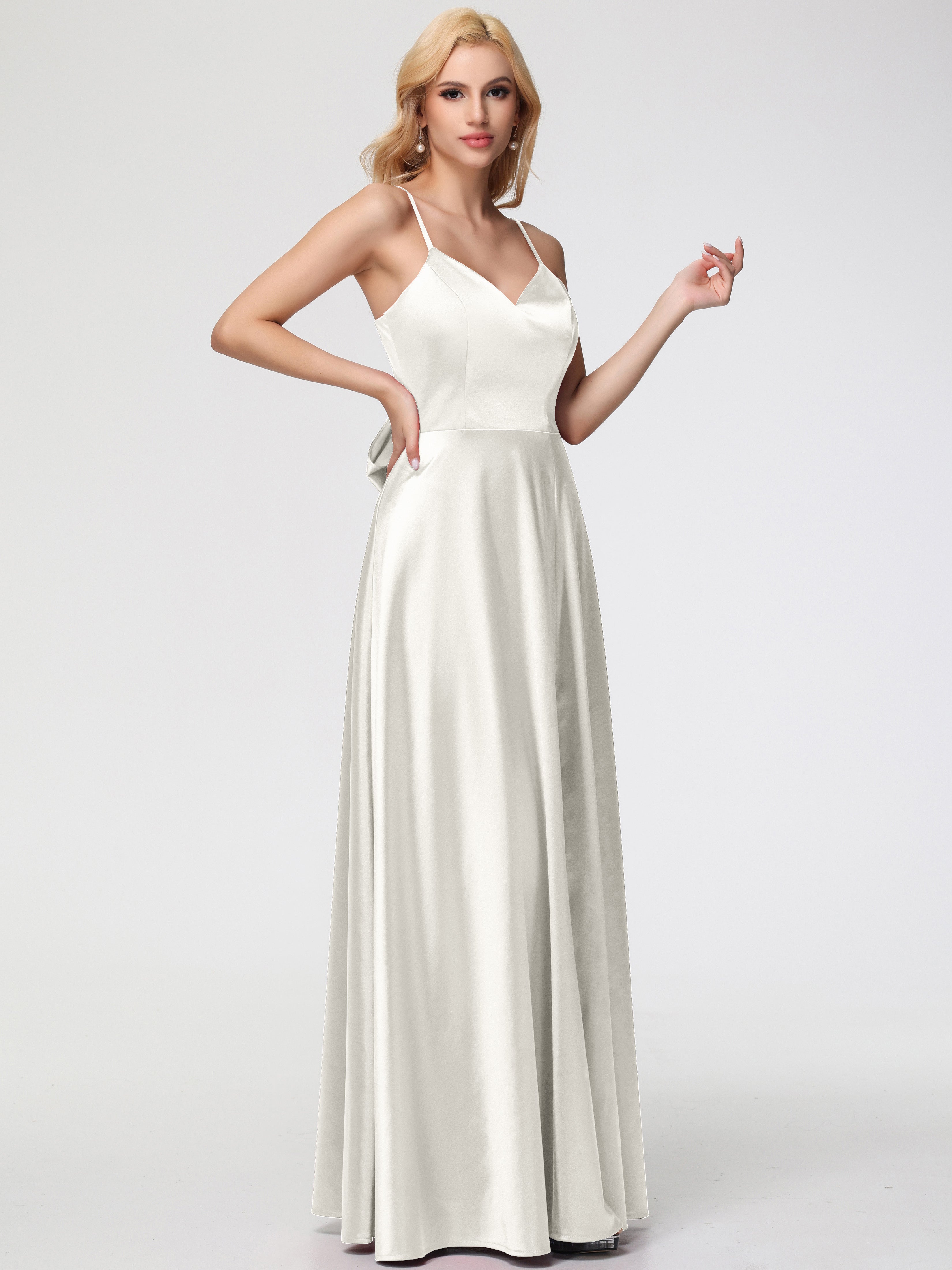 Robe De Demoiselle D Honneur Ivoire Col V Trapèze Fendue Satin Extensible Robe De Demoiselle D'Honneur Robe à Lacets