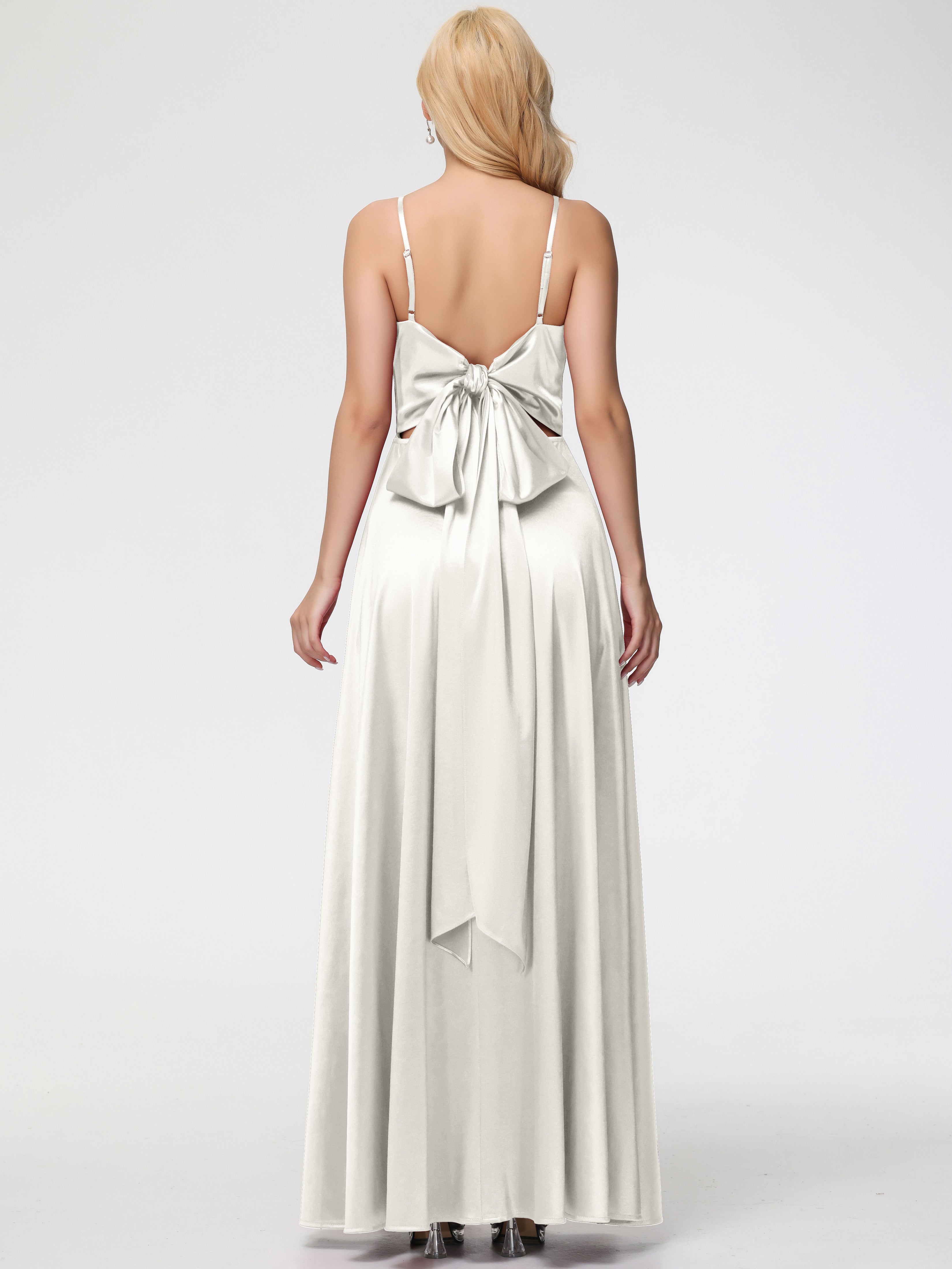 Robe De Demoiselle D Honneur Ivoire Col V Trapèze Fendue Satin Extensible Robe De Demoiselle D'Honneur Robe à Lacets