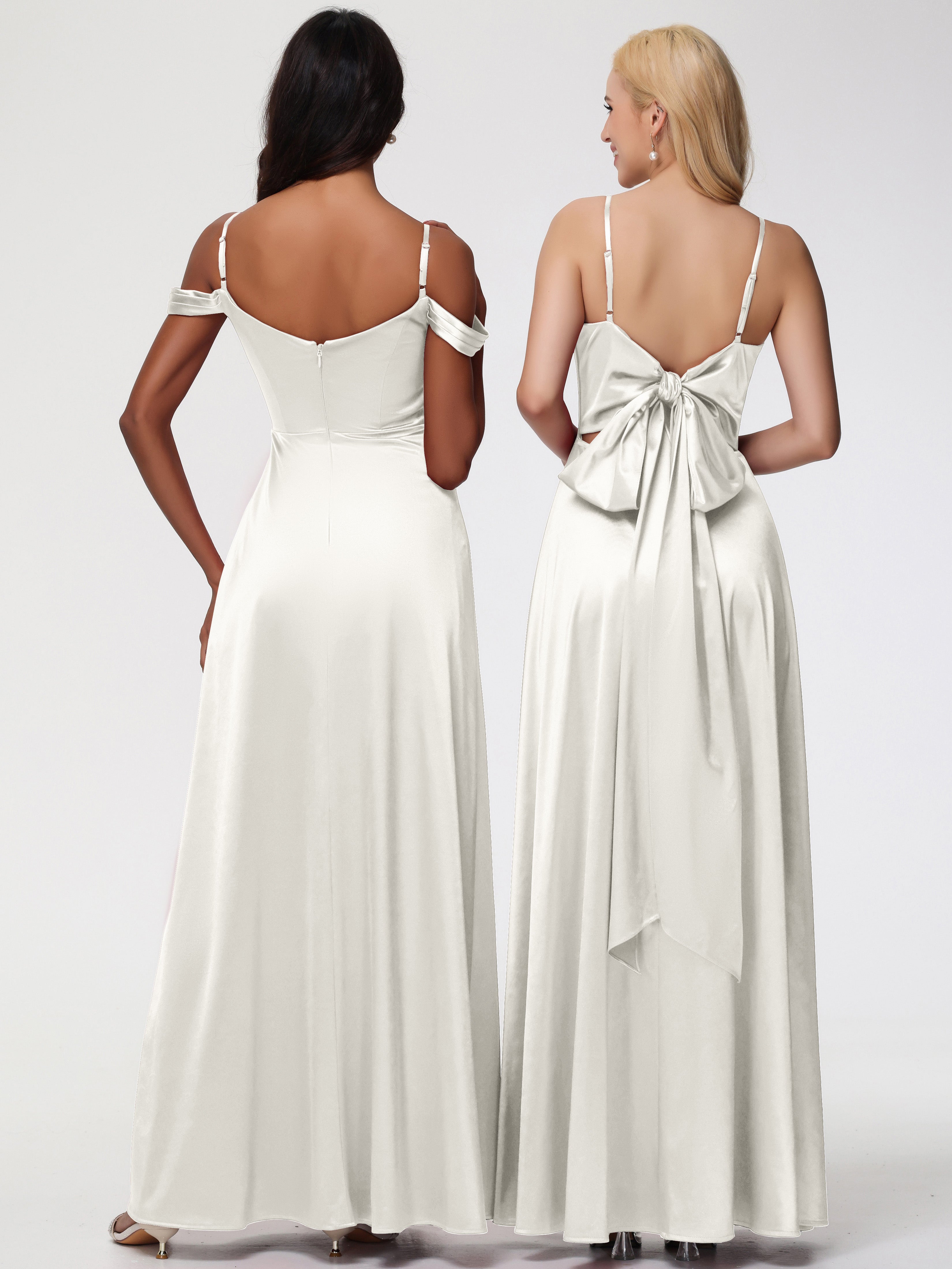 Robe De Demoiselle D Honneur Ivoire Col V Trapèze Fendue Satin Extensible Robe De Demoiselle D'Honneur Robe à Lacets