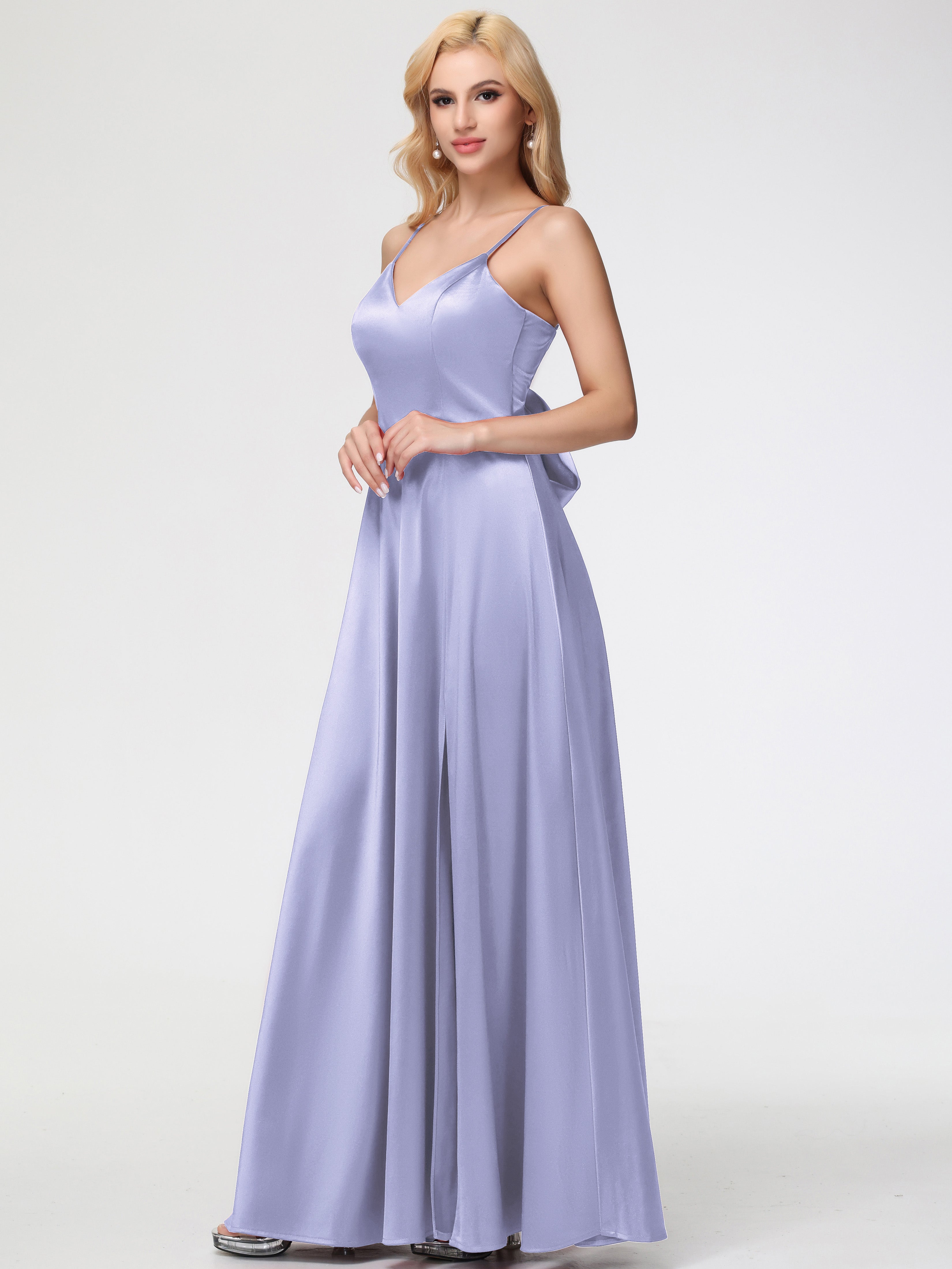 Robe De Demoiselle D'Honneur Lavande Col V Trapèze Fendue Satin Extensible Robe De Demoiselle D'Honneur Robe à Lacets