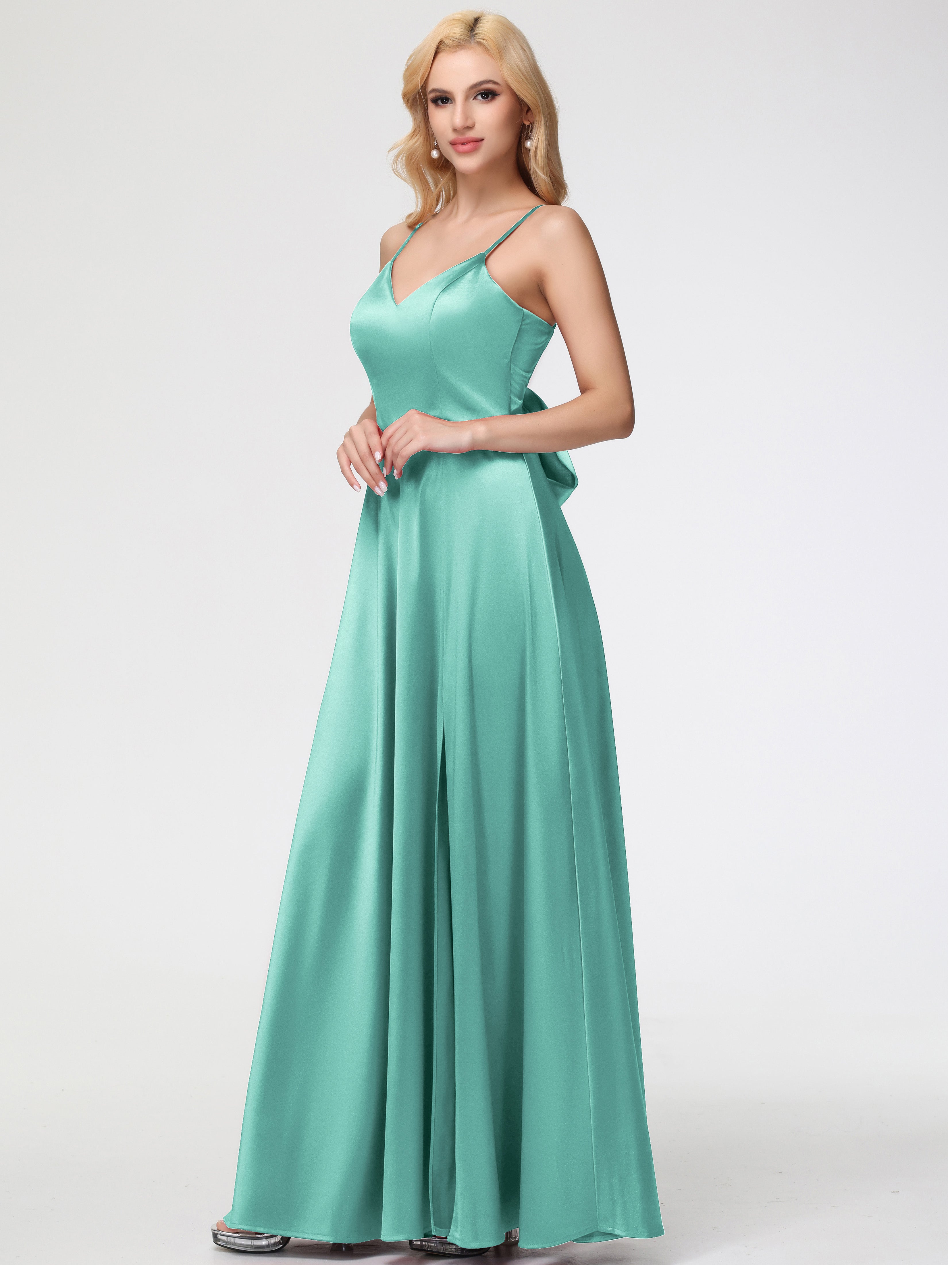 Robes De Demoiselle D'Honneur Vert Menthe Col V Trapèze Fendue Satin Extensible Robe De Demoiselle D'Honneur Robe à Lacets
