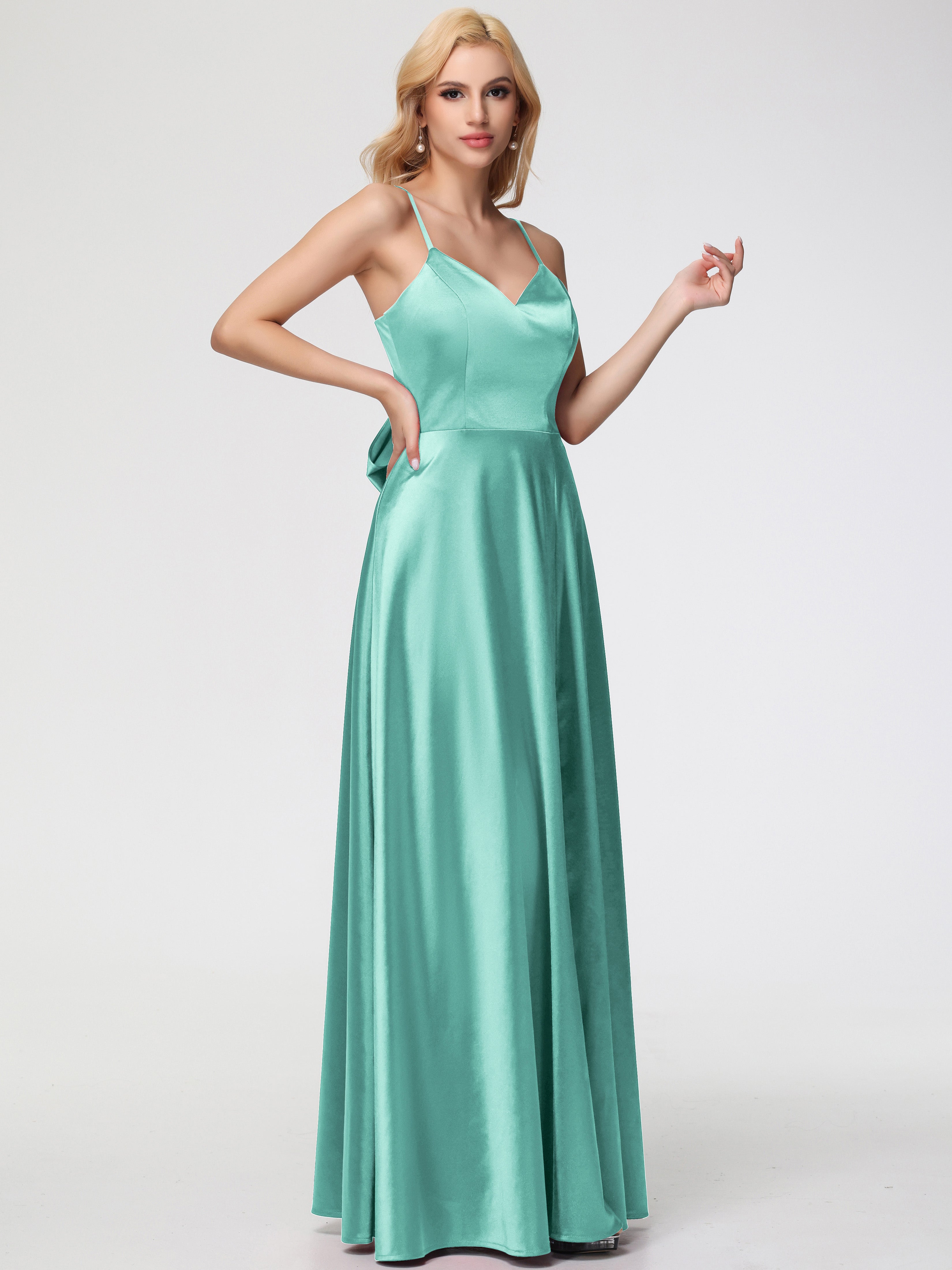 Robes De Demoiselle D'Honneur Vert Menthe Col V Trapèze Fendue Satin Extensible Robe De Demoiselle D'Honneur Robe à Lacets