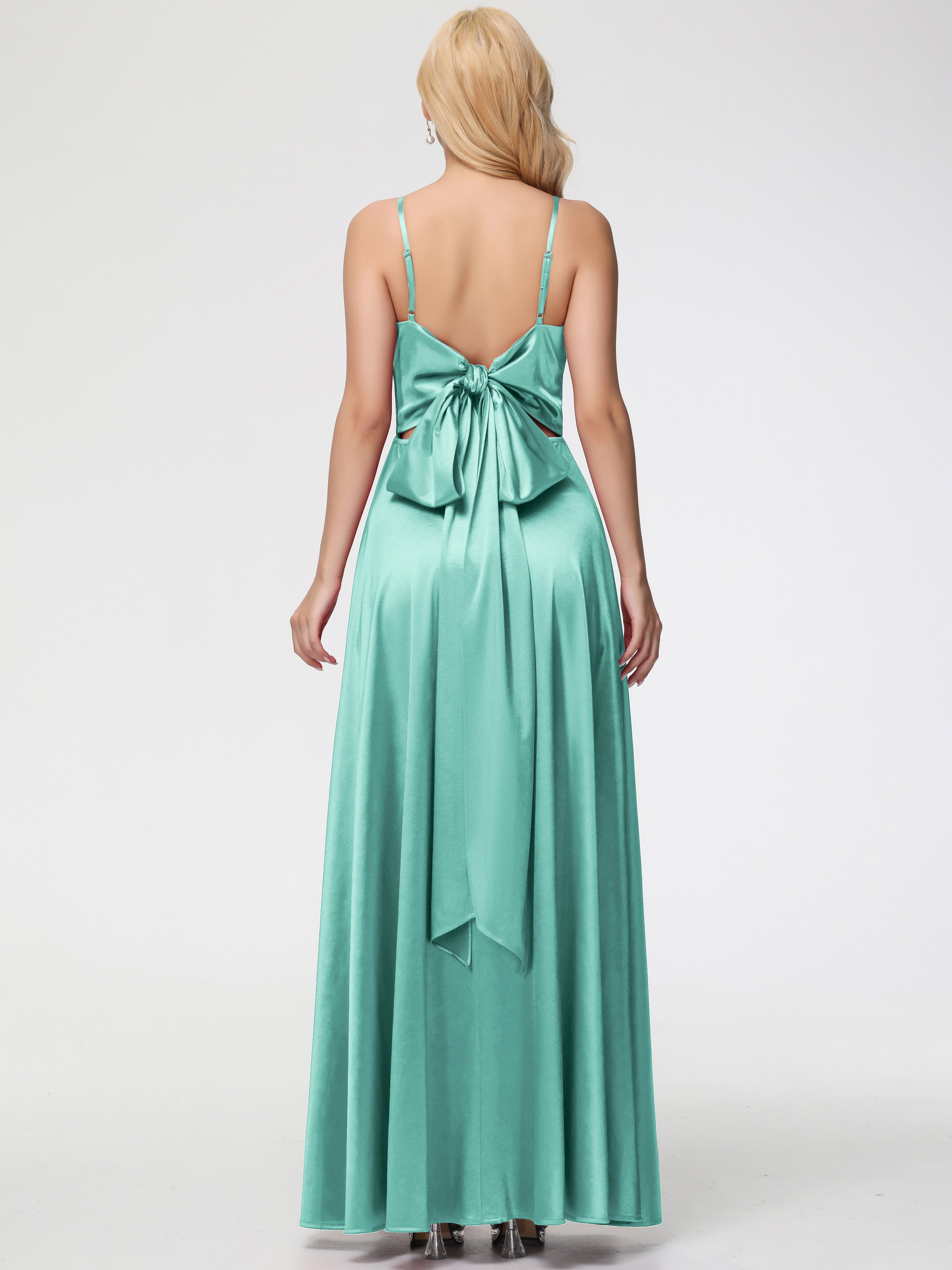 Robes De Demoiselle D'Honneur Vert Menthe Col V Trapèze Fendue Satin Extensible Robe De Demoiselle D'Honneur Robe à Lacets