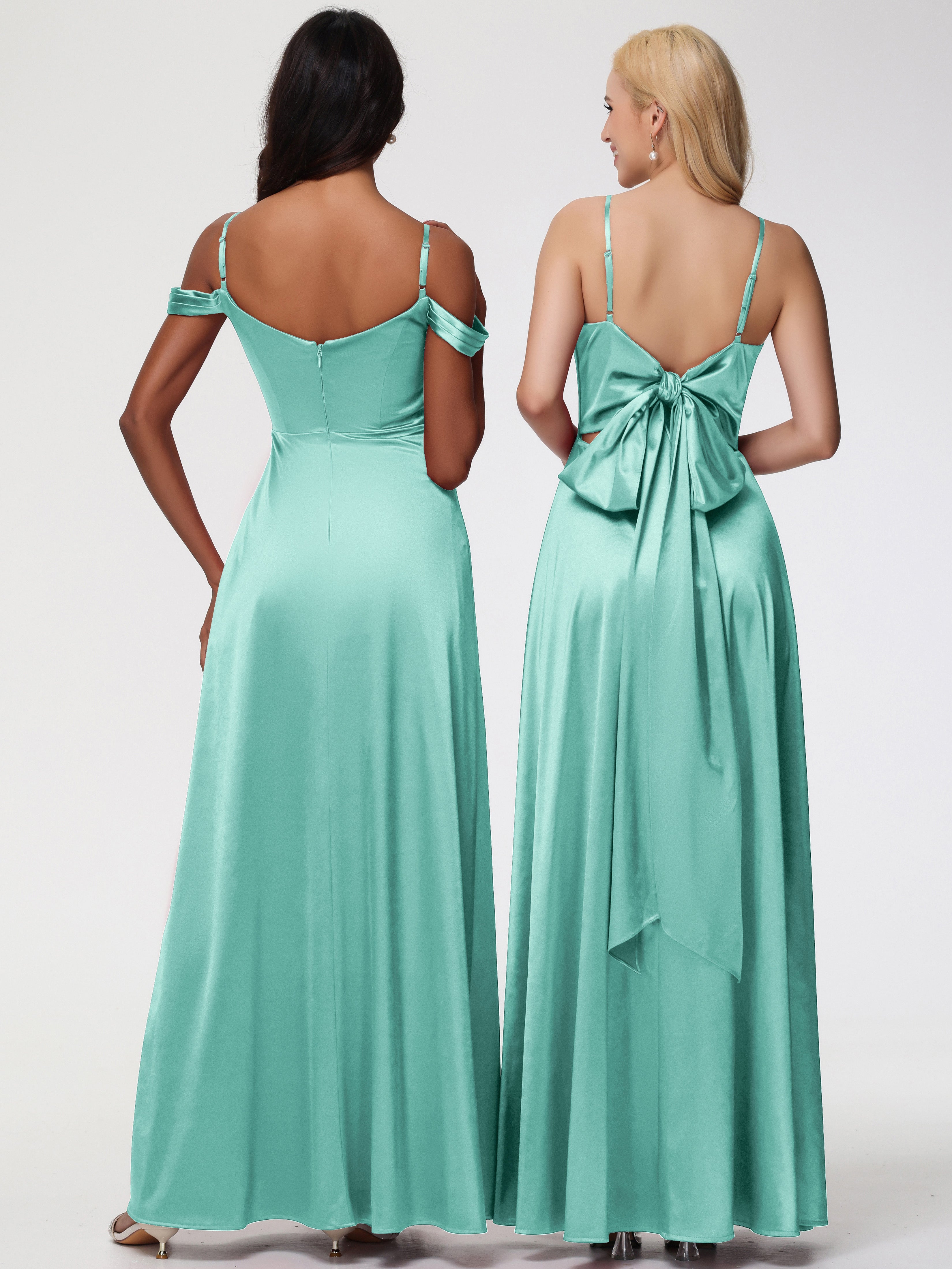 Robes De Demoiselle D'Honneur Vert Menthe Col V Trapèze Fendue Satin Extensible Robe De Demoiselle D'Honneur Robe à Lacets