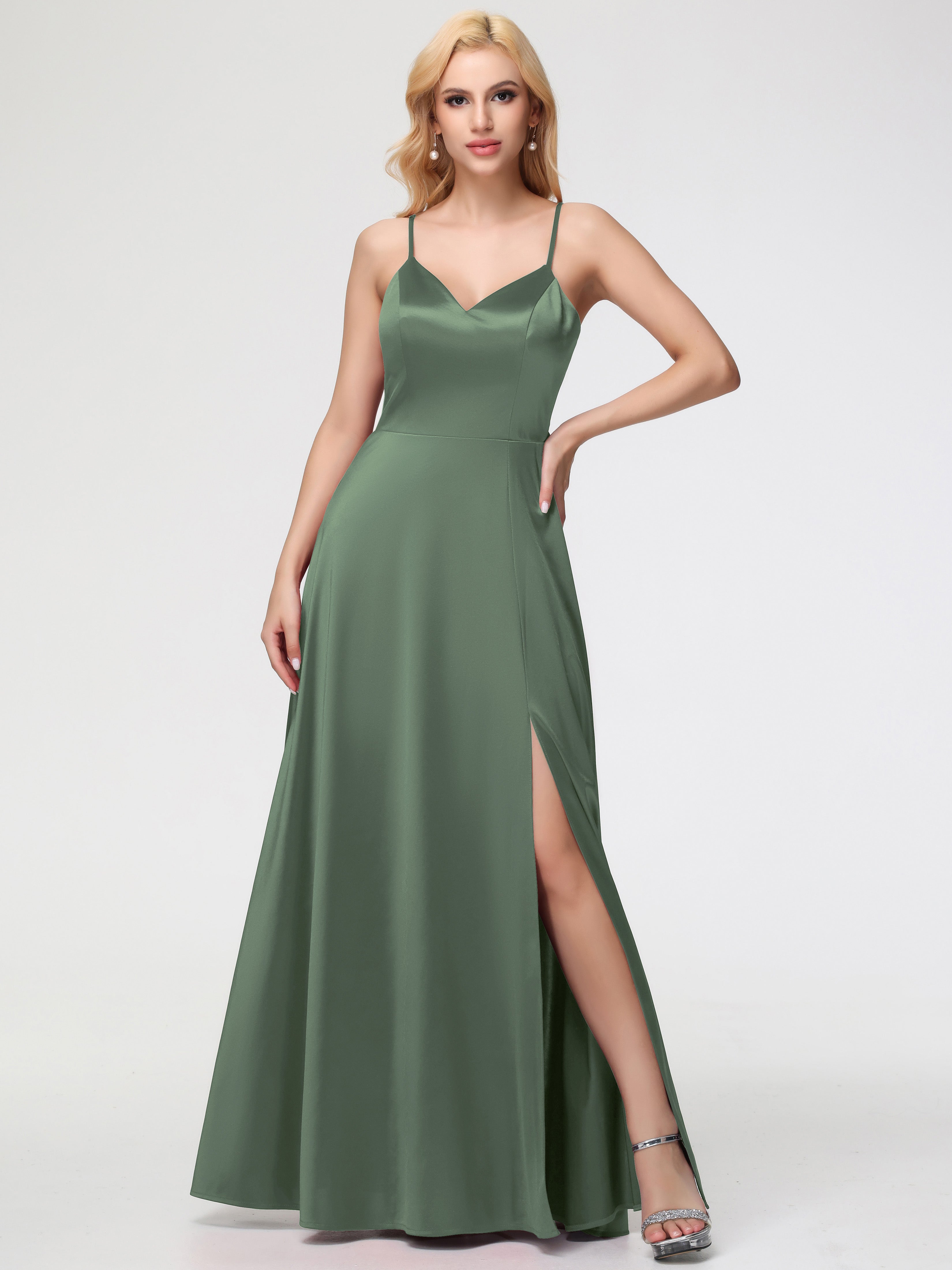 Demoiselle D Honneur Vert Olive Col V Trapèze Fendue Satin Extensible Robe De Demoiselle D'Honneur Robe à Lacets