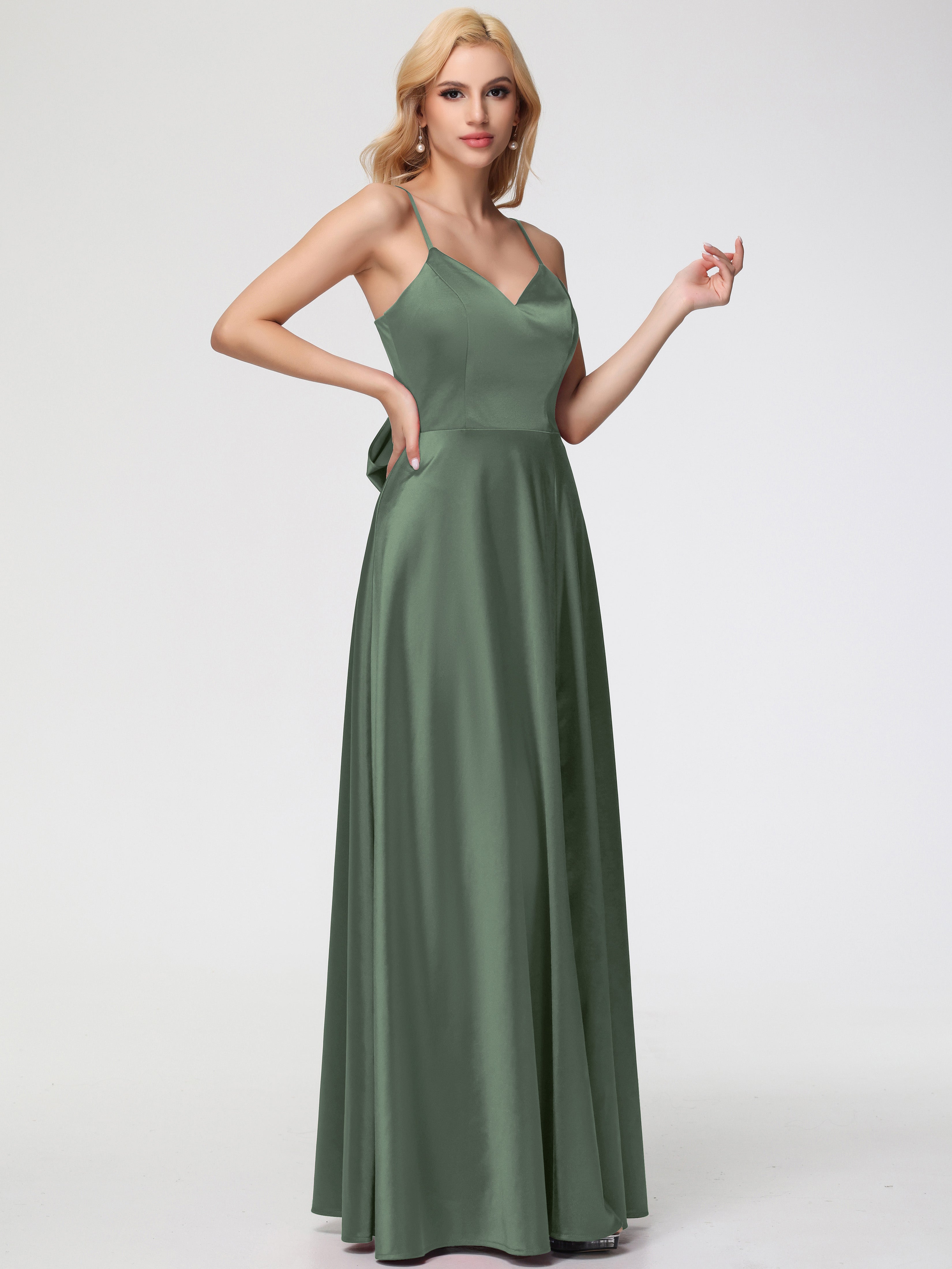 Demoiselle D Honneur Vert Olive Col V Trapèze Fendue Satin Extensible Robe De Demoiselle D'Honneur Robe à Lacets