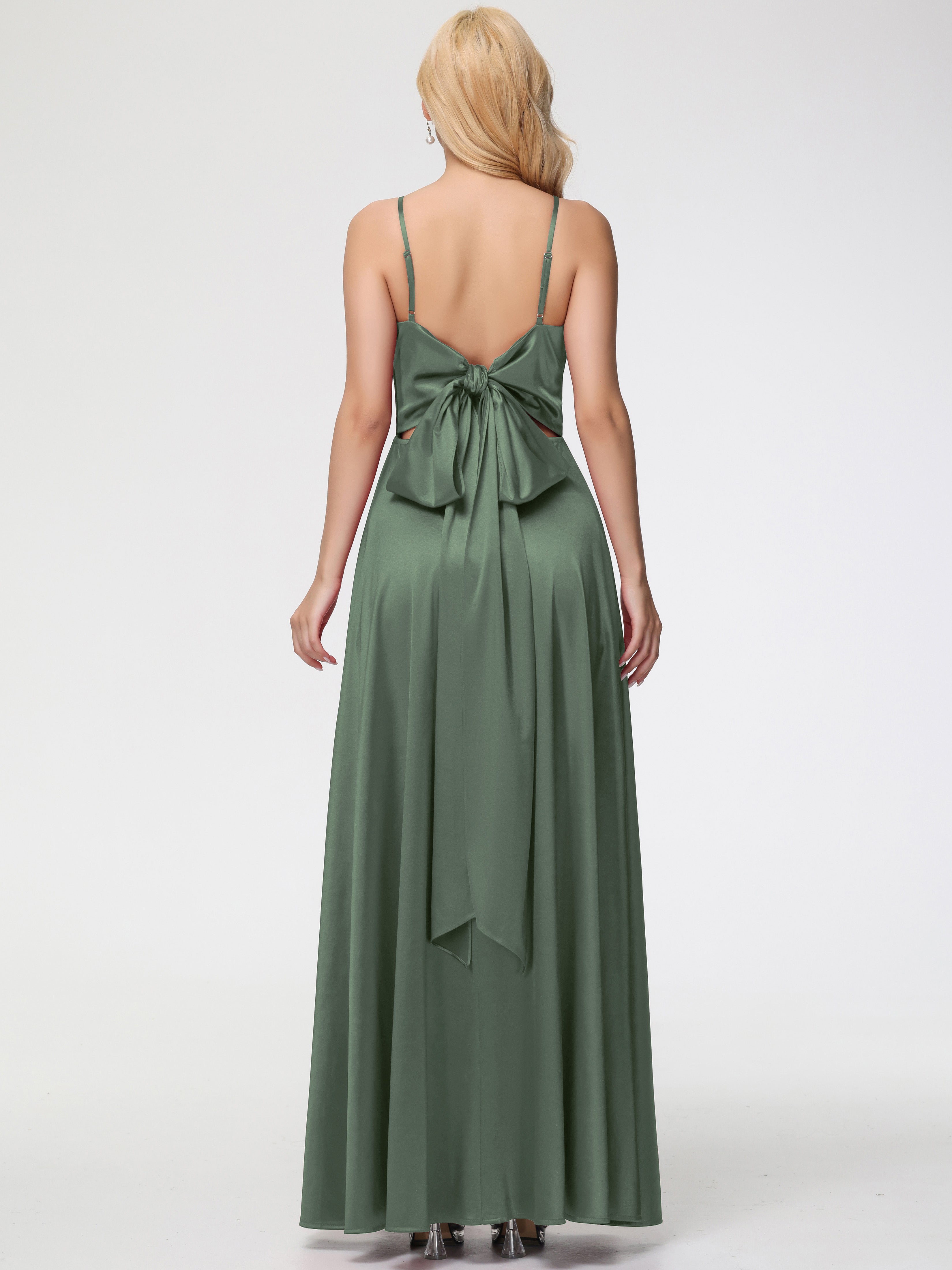 Demoiselle D Honneur Vert Olive Col V Trapèze Fendue Satin Extensible Robe De Demoiselle D'Honneur Robe à Lacets