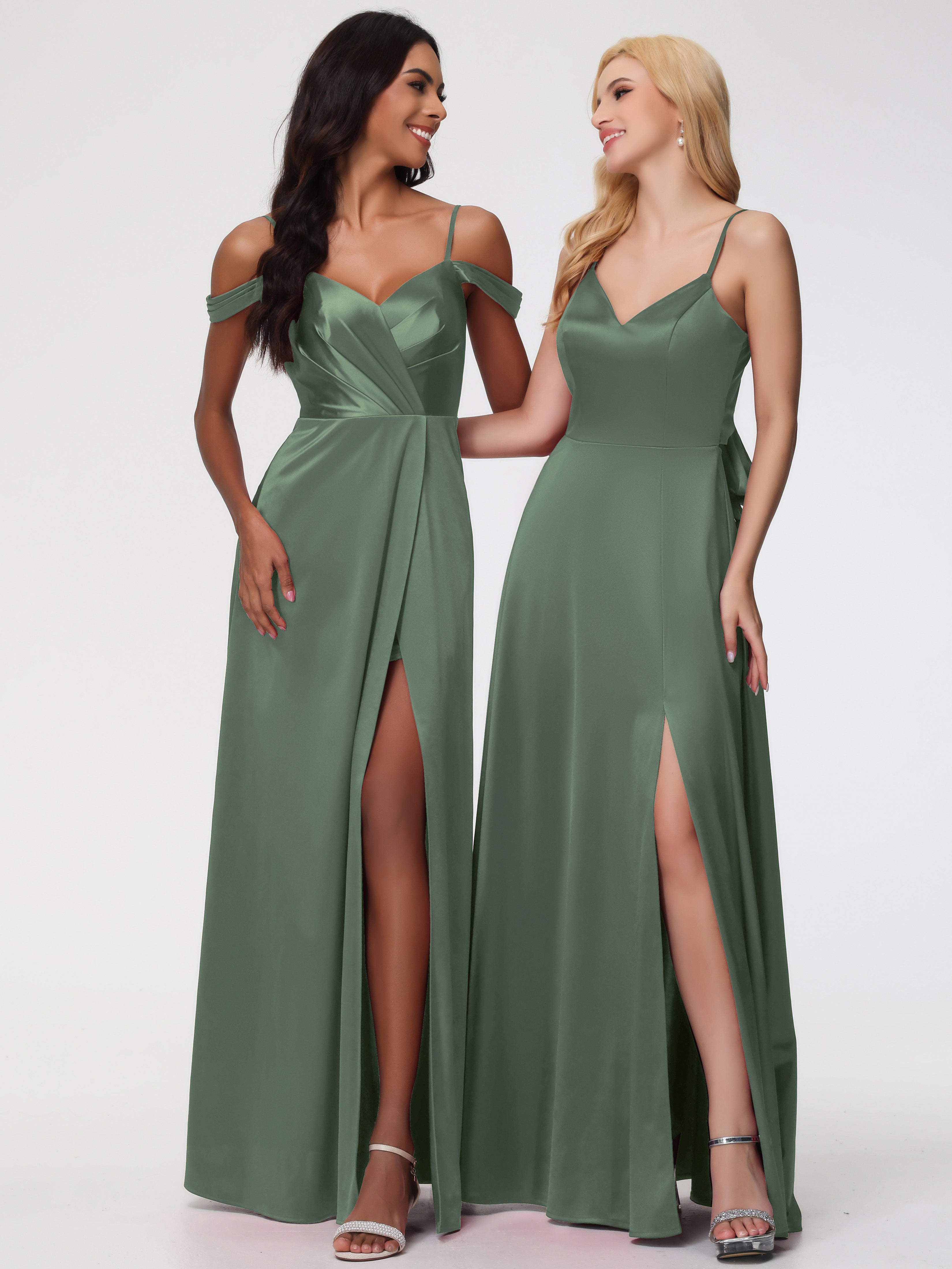 Demoiselle D Honneur Vert Olive Col V Trapèze Fendue Satin Extensible Robe De Demoiselle D'Honneur Robe à Lacets