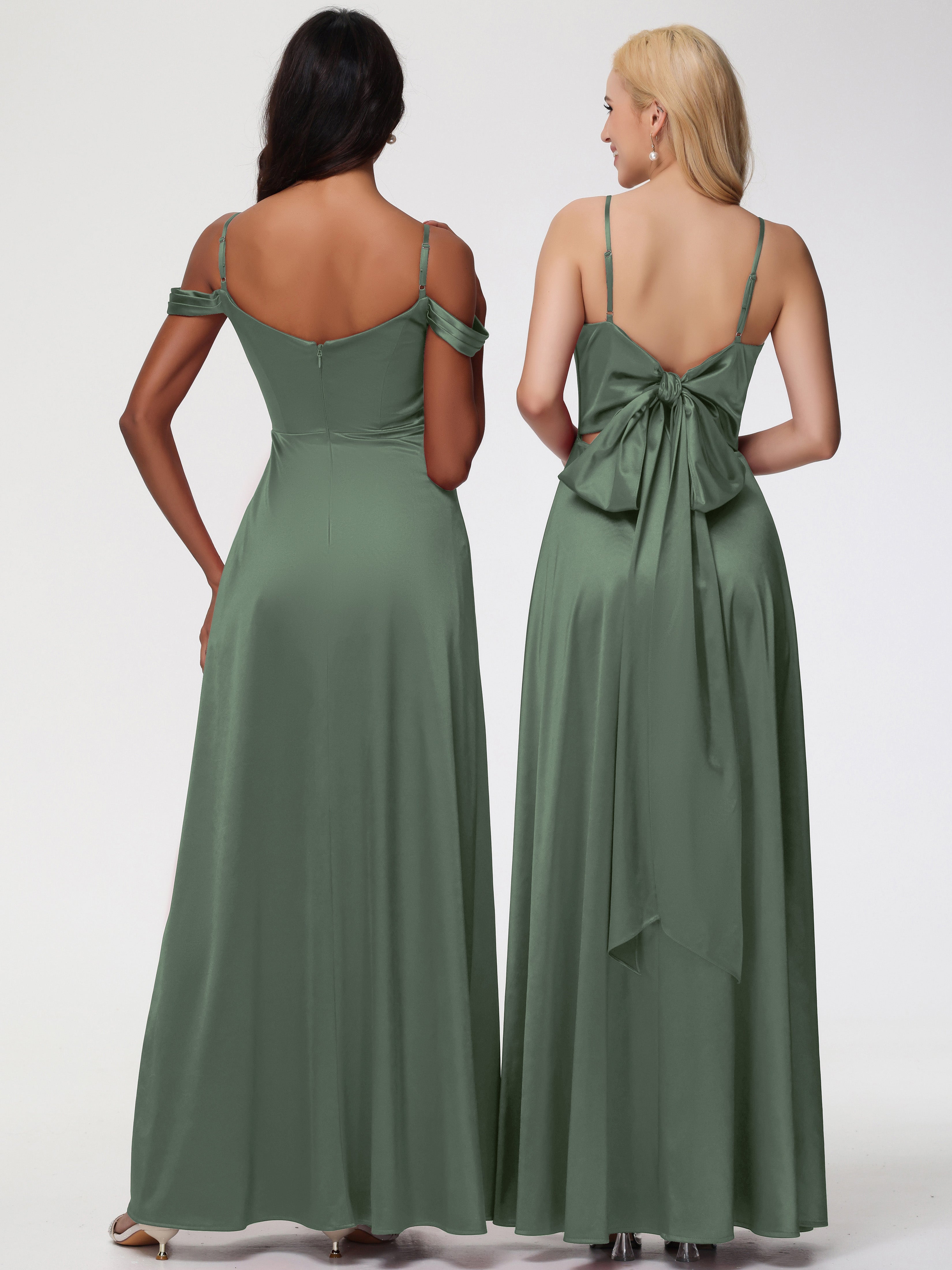 Demoiselle D Honneur Vert Olive Col V Trapèze Fendue Satin Extensible Robe De Demoiselle D'Honneur Robe à Lacets