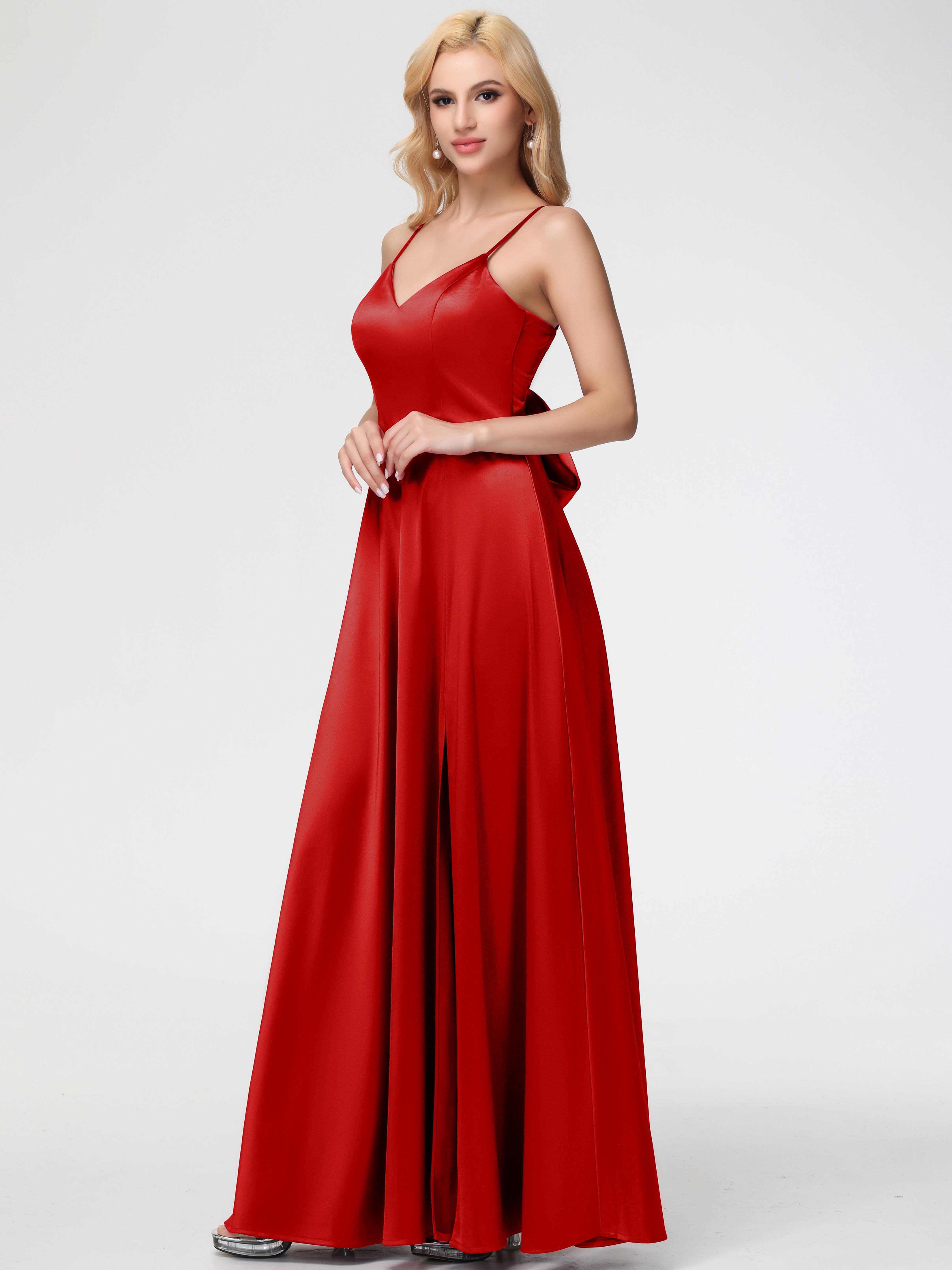 Rouge Robe Demoiselle D Honneur Chic Col V Trapèze Fendue Satin Extensible Robe De Demoiselle D'Honneur Robe à Lacets