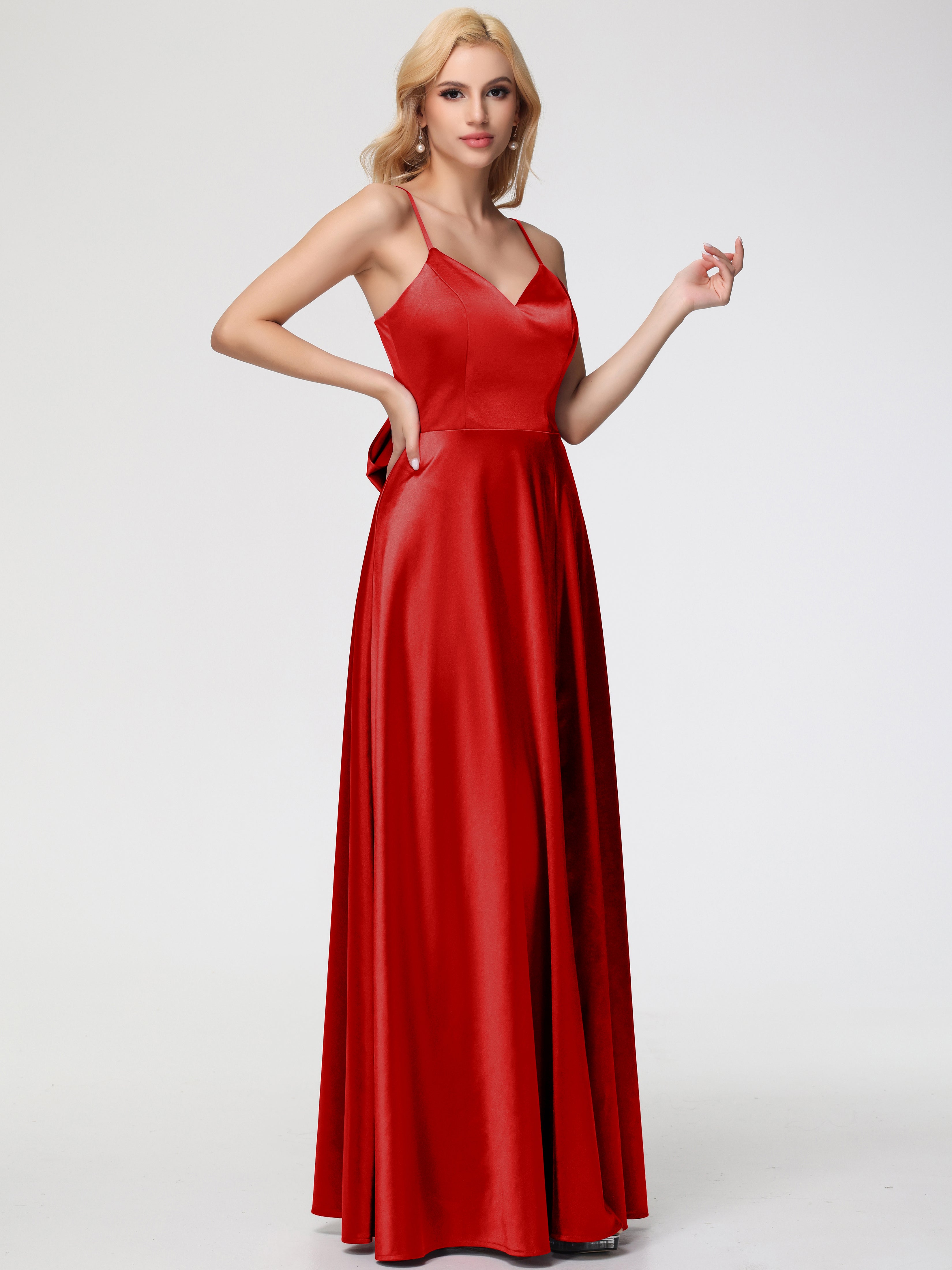 Rouge Robe Demoiselle D Honneur Chic Col V Trapèze Fendue Satin Extensible Robe De Demoiselle D'Honneur Robe à Lacets