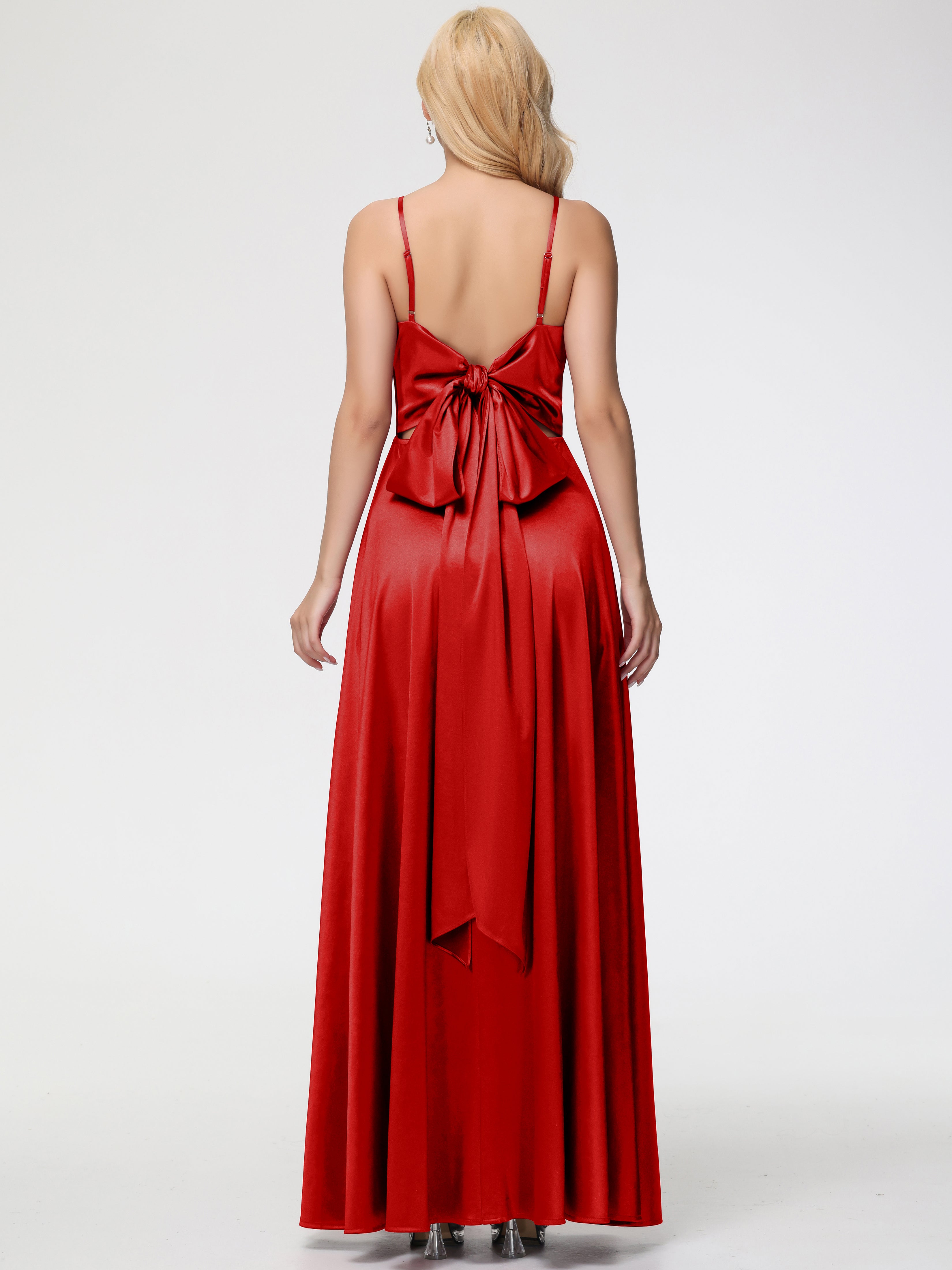 Rouge Robe Demoiselle D Honneur Chic Col V Trapèze Fendue Satin Extensible Robe De Demoiselle D'Honneur Robe à Lacets