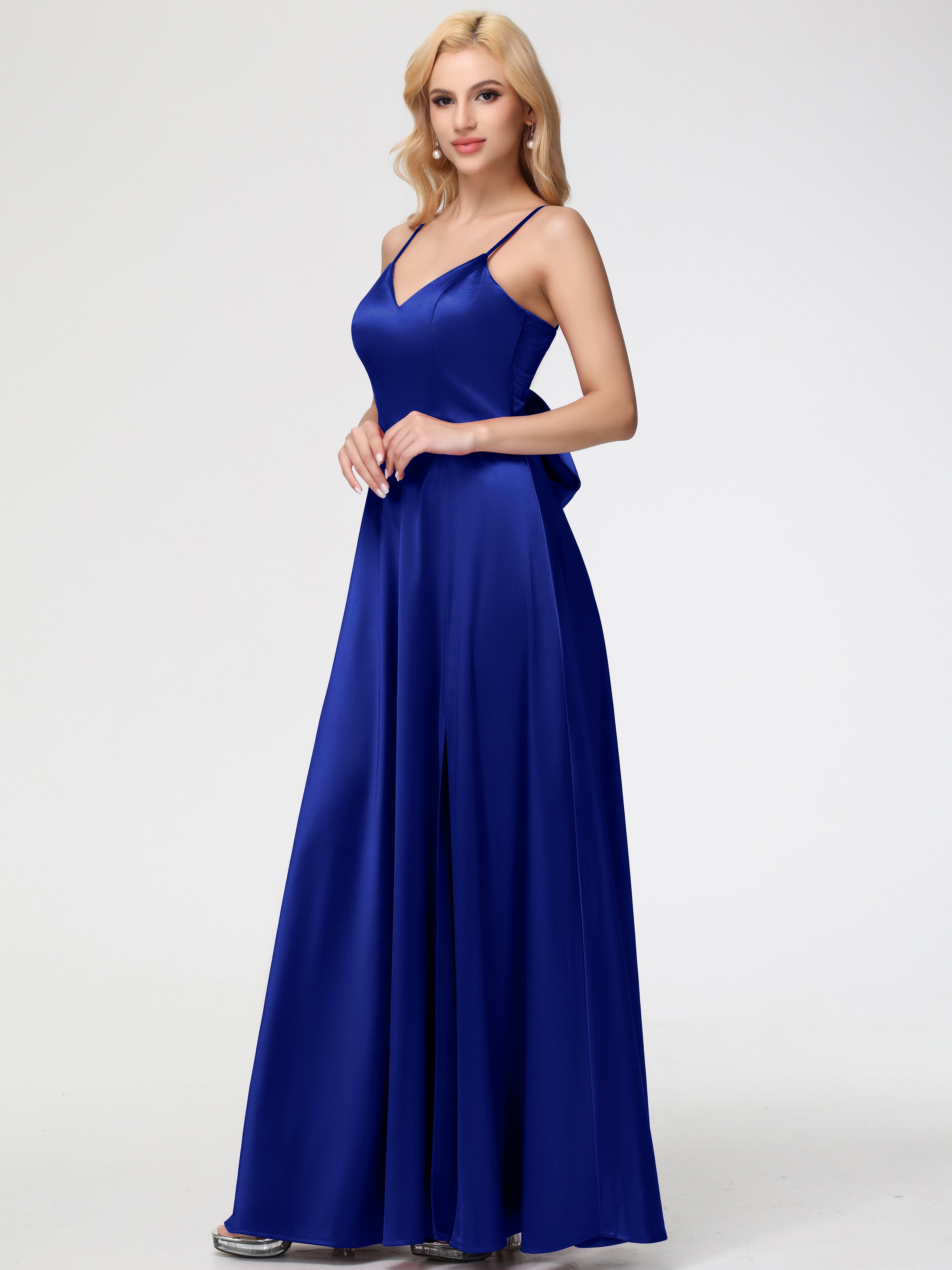 Robes De Demoiselle D'Honneur Bleu Royal Longues Col V Trapèze Fendue Satin Extensible Robe De Demoiselle D'Honneur Robe à Lacets