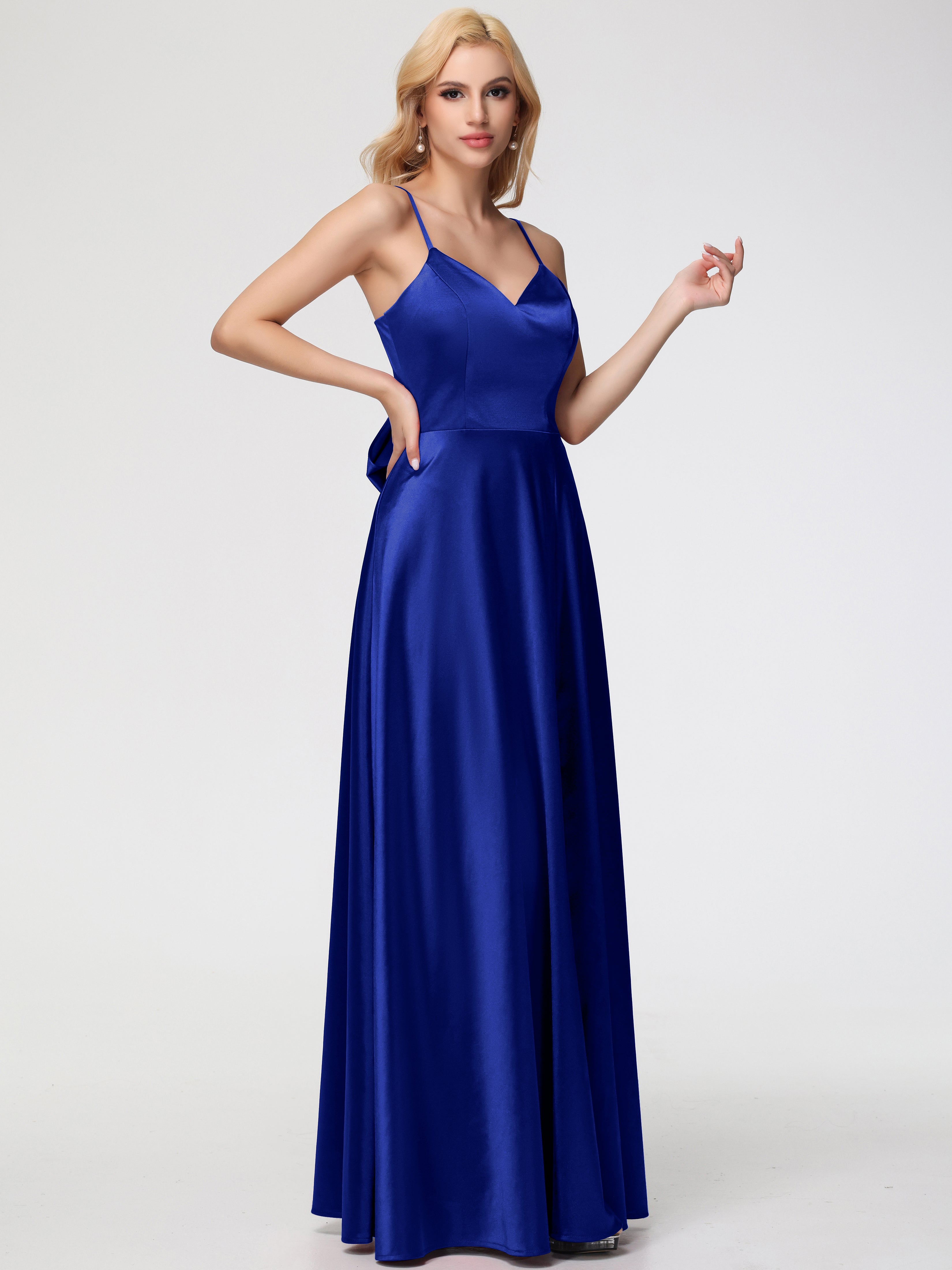 Robes De Demoiselle D'Honneur Bleu Royal Longues Col V Trapèze Fendue Satin Extensible Robe De Demoiselle D'Honneur Robe à Lacets