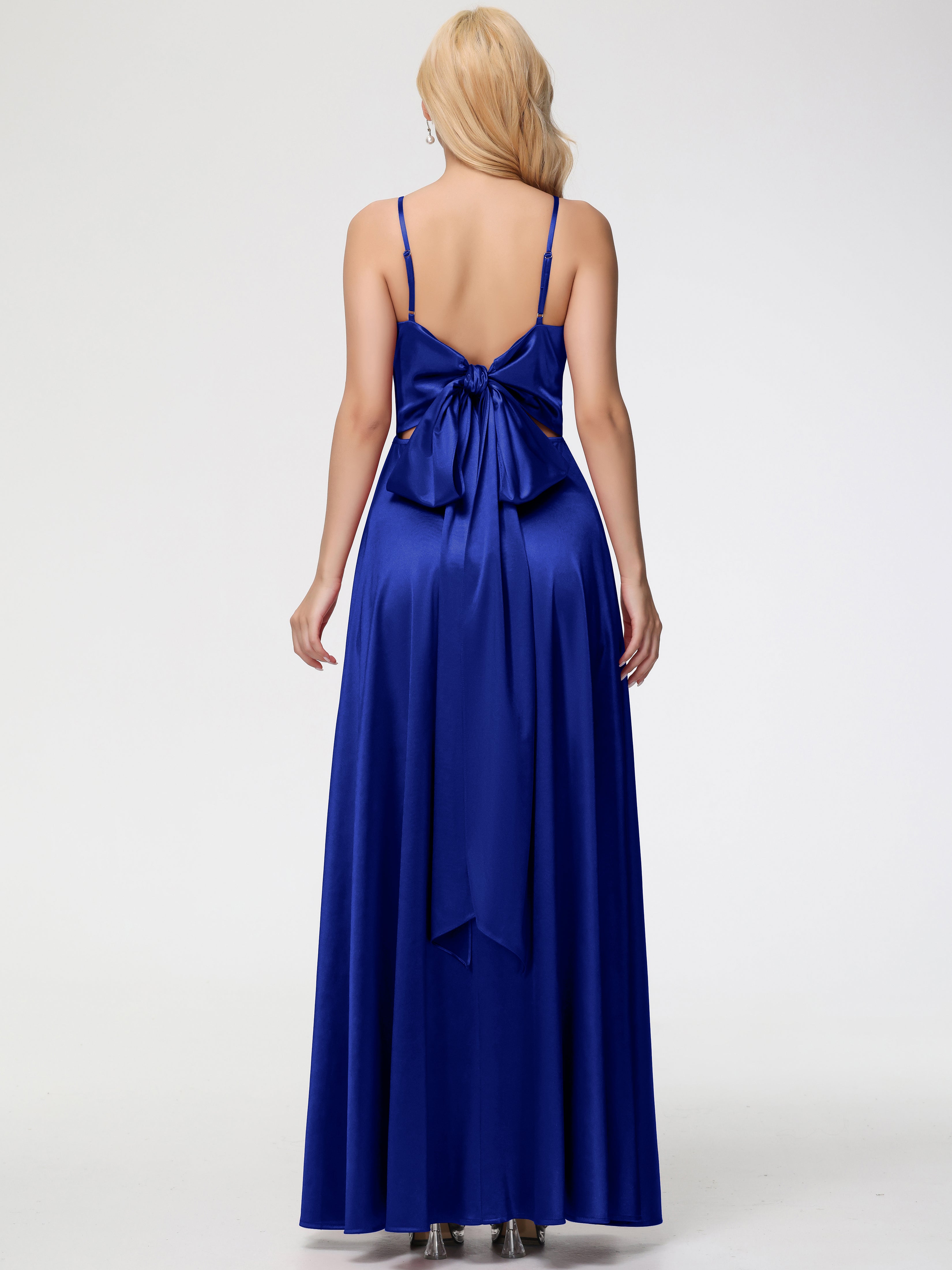 Robes De Demoiselle D'Honneur Bleu Royal Longues Col V Trapèze Fendue Satin Extensible Robe De Demoiselle D'Honneur Robe à Lacets