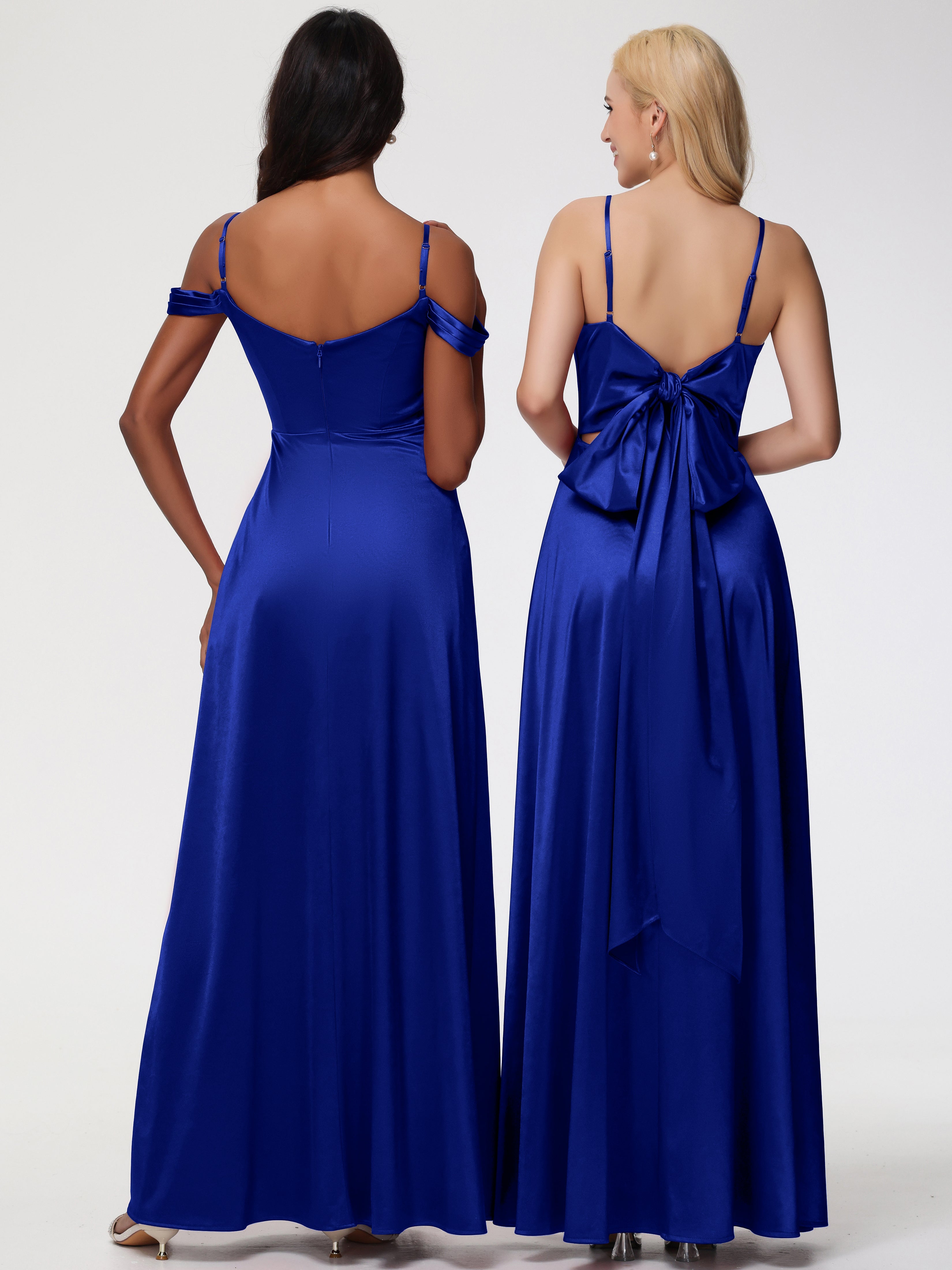 Robes De Demoiselle D'Honneur Bleu Royal Longues Col V Trapèze Fendue Satin Extensible Robe De Demoiselle D'Honneur Robe à Lacets