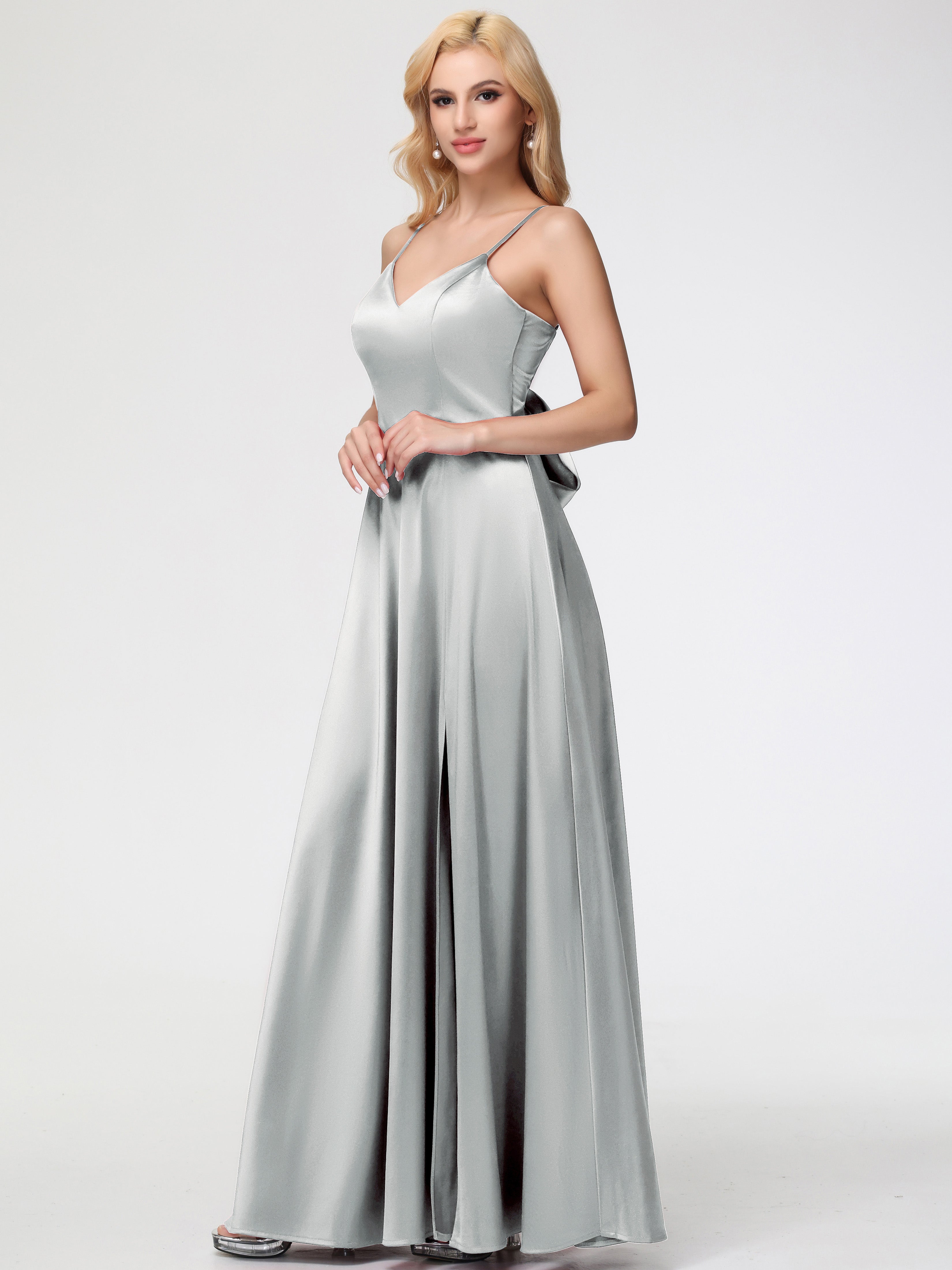 Robe Demoiselle D Honneur Argent Col V Trapèze Fendue Satin Extensible Robe De Demoiselle D'Honneur Robe à Lacets