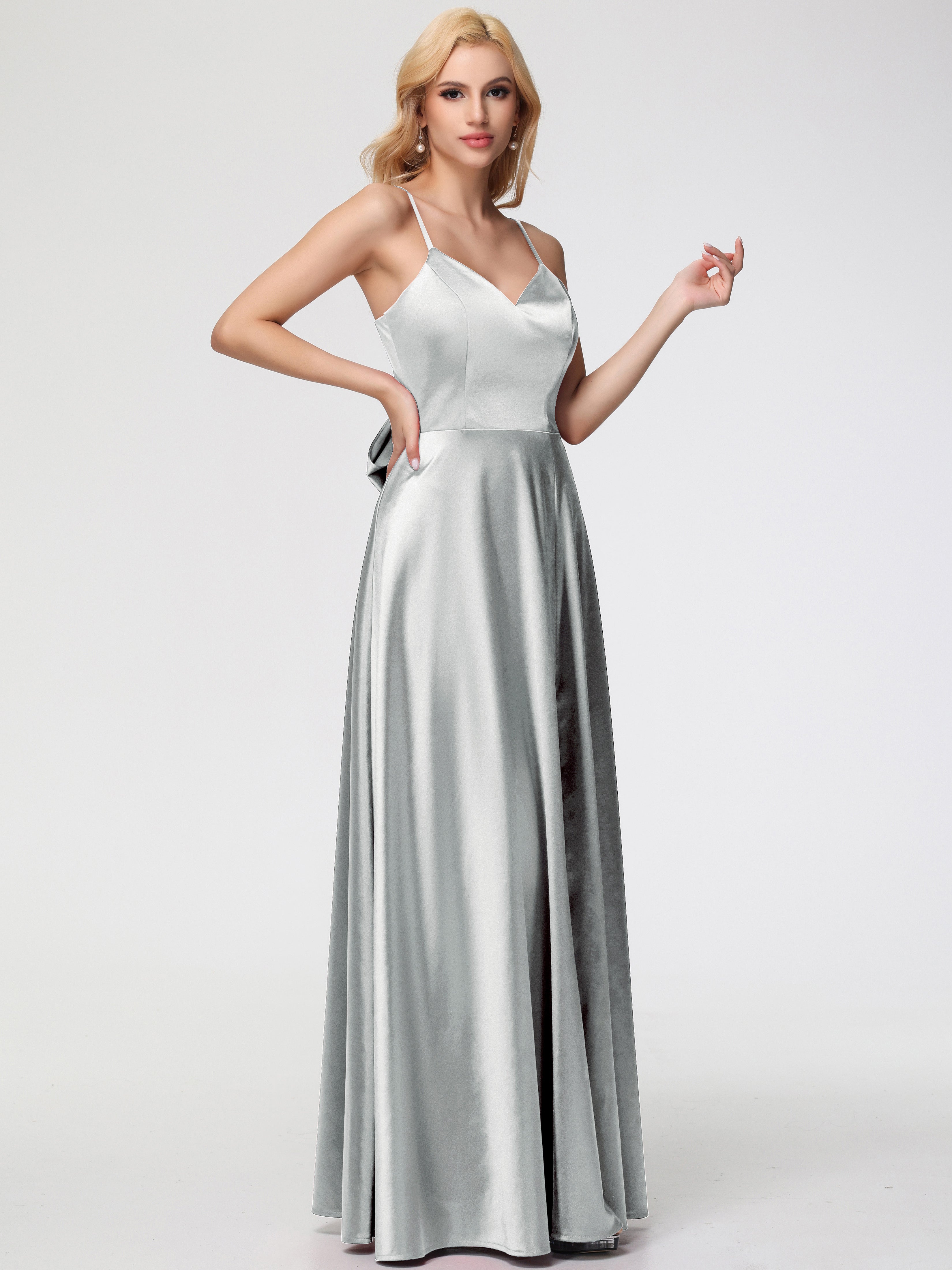 Robe Demoiselle D Honneur Argent Col V Trapèze Fendue Satin Extensible Robe De Demoiselle D'Honneur Robe à Lacets