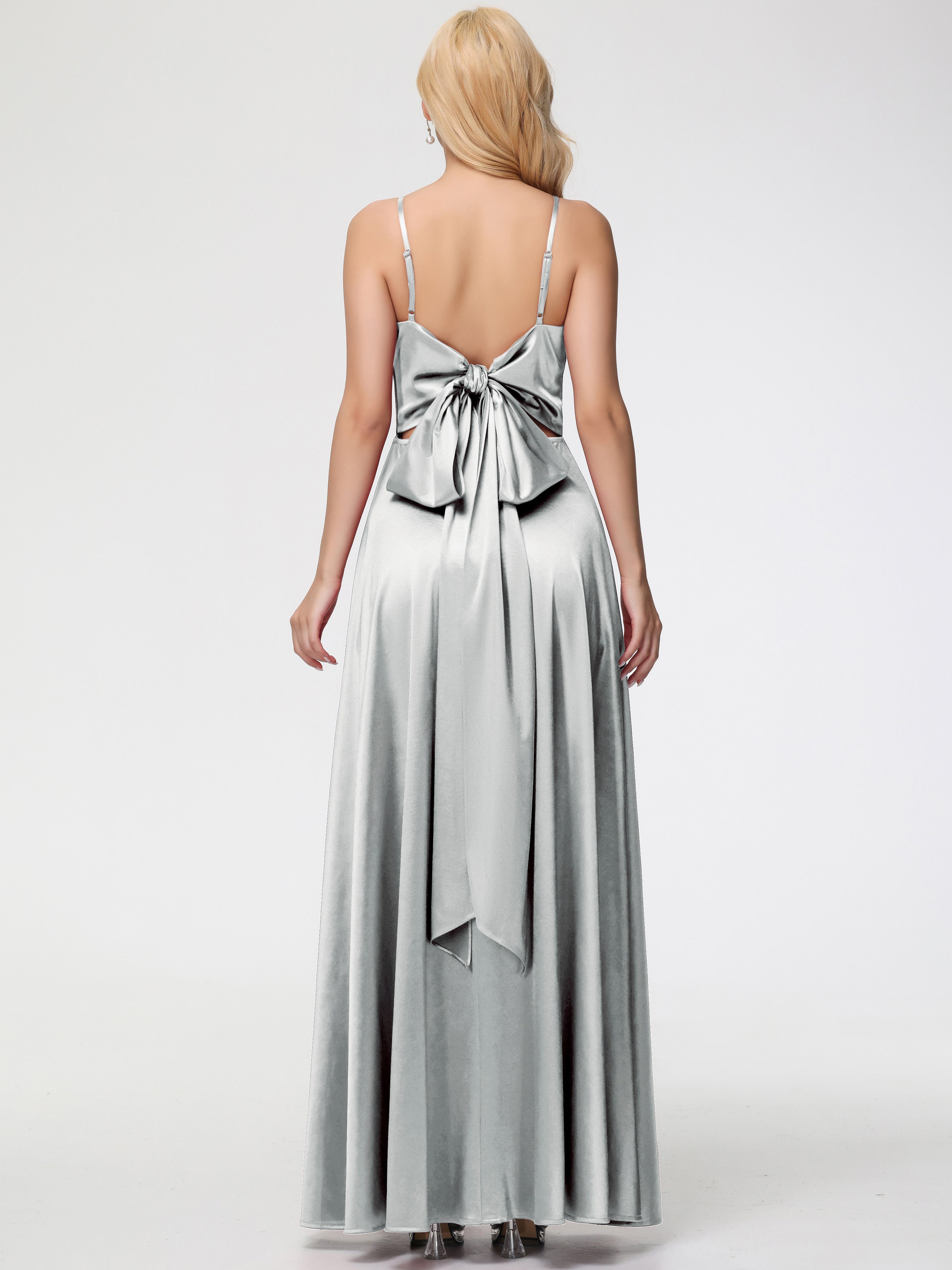 Robe Demoiselle D Honneur Argent Col V Trapèze Fendue Satin Extensible Robe De Demoiselle D'Honneur Robe à Lacets