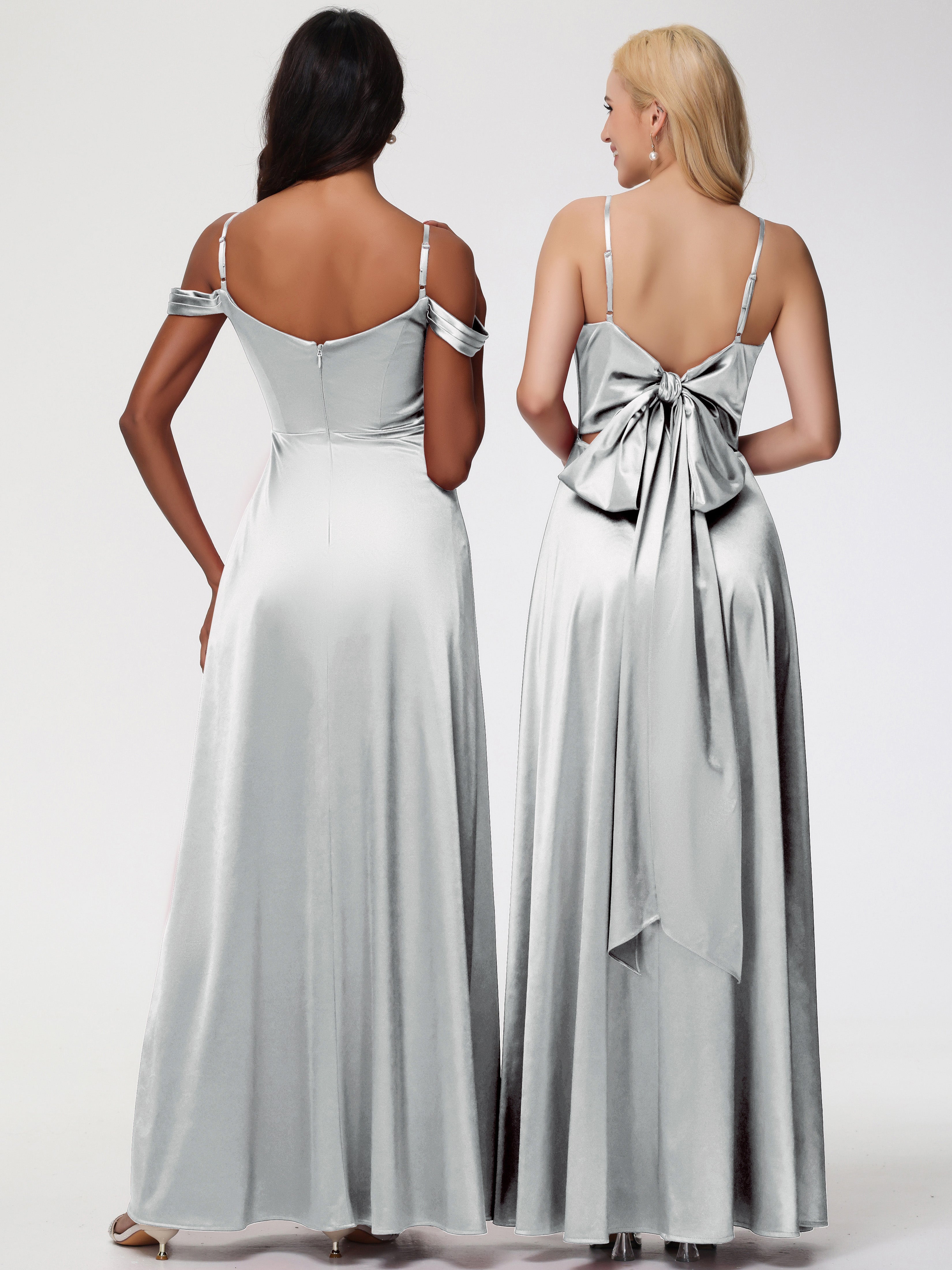 Robe Demoiselle D Honneur Argent Col V Trapèze Fendue Satin Extensible Robe De Demoiselle D'Honneur Robe à Lacets