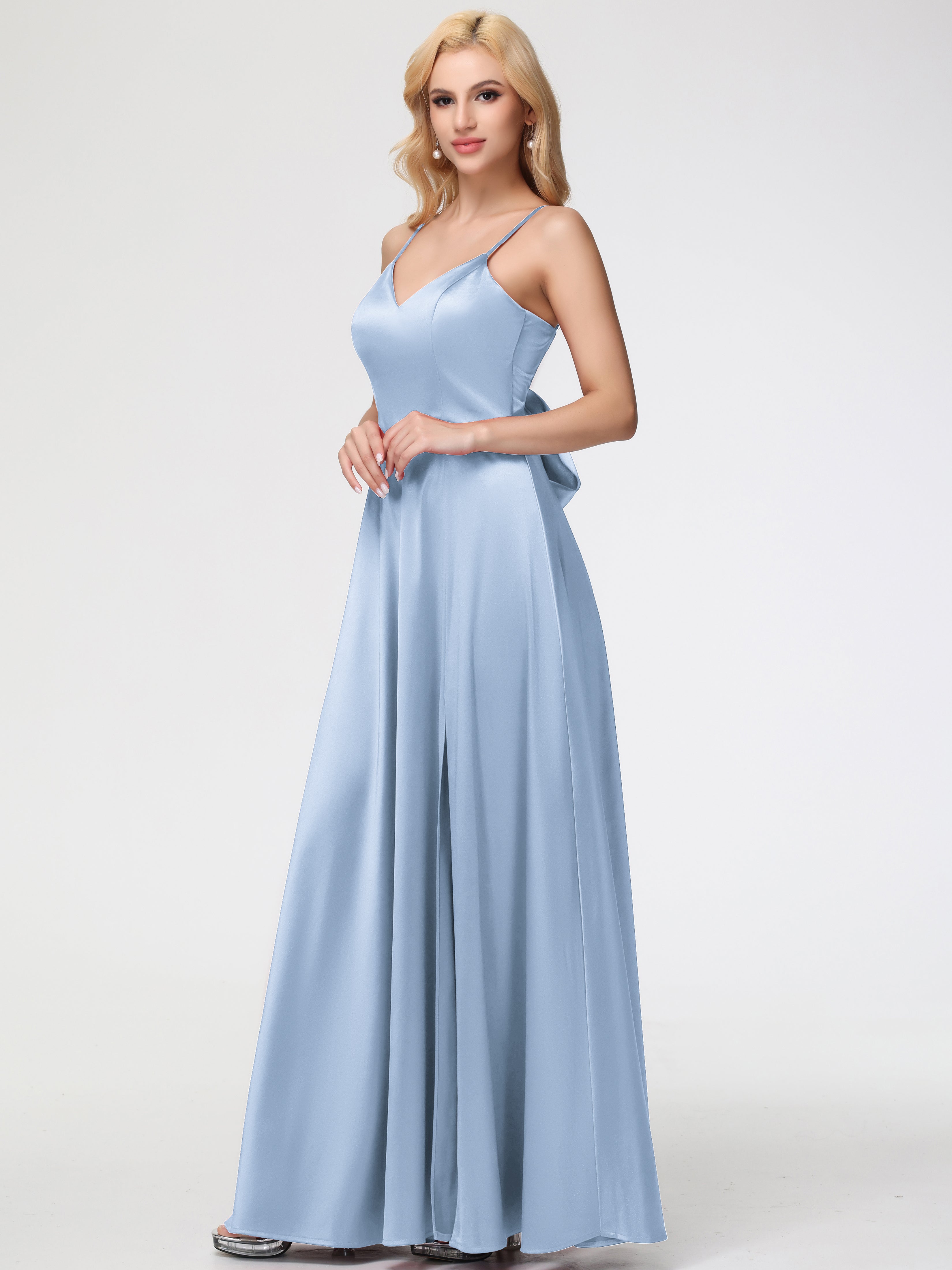 Robe Longue Bleu Ciel Demoiselle D Honneur Col V Trapèze Fendue Satin Extensible Robe De Demoiselle D'Honneur Robe à Lacets