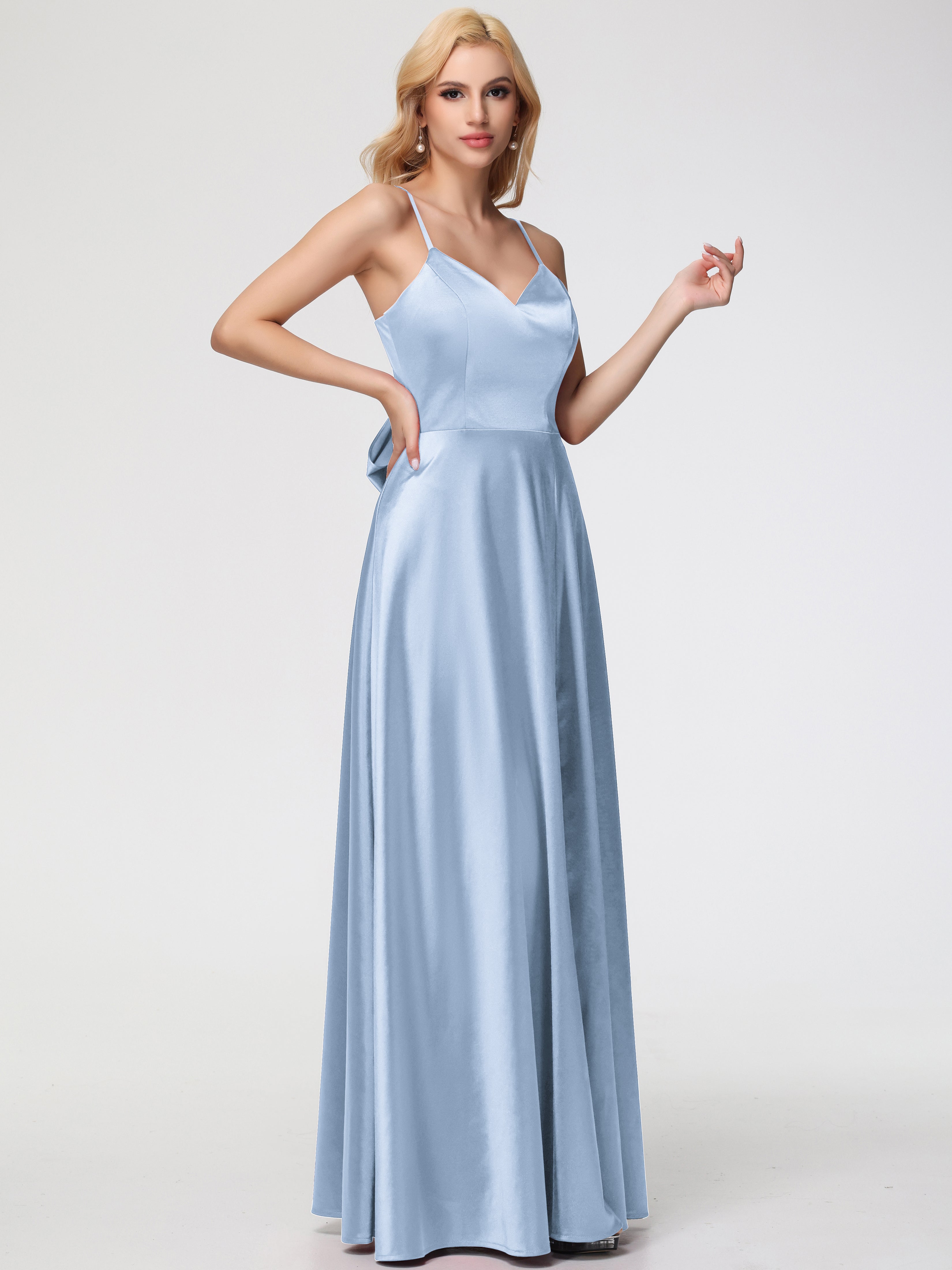 Robe Longue Bleu Ciel Demoiselle D Honneur Col V Trapèze Fendue Satin Extensible Robe De Demoiselle D'Honneur Robe à Lacets