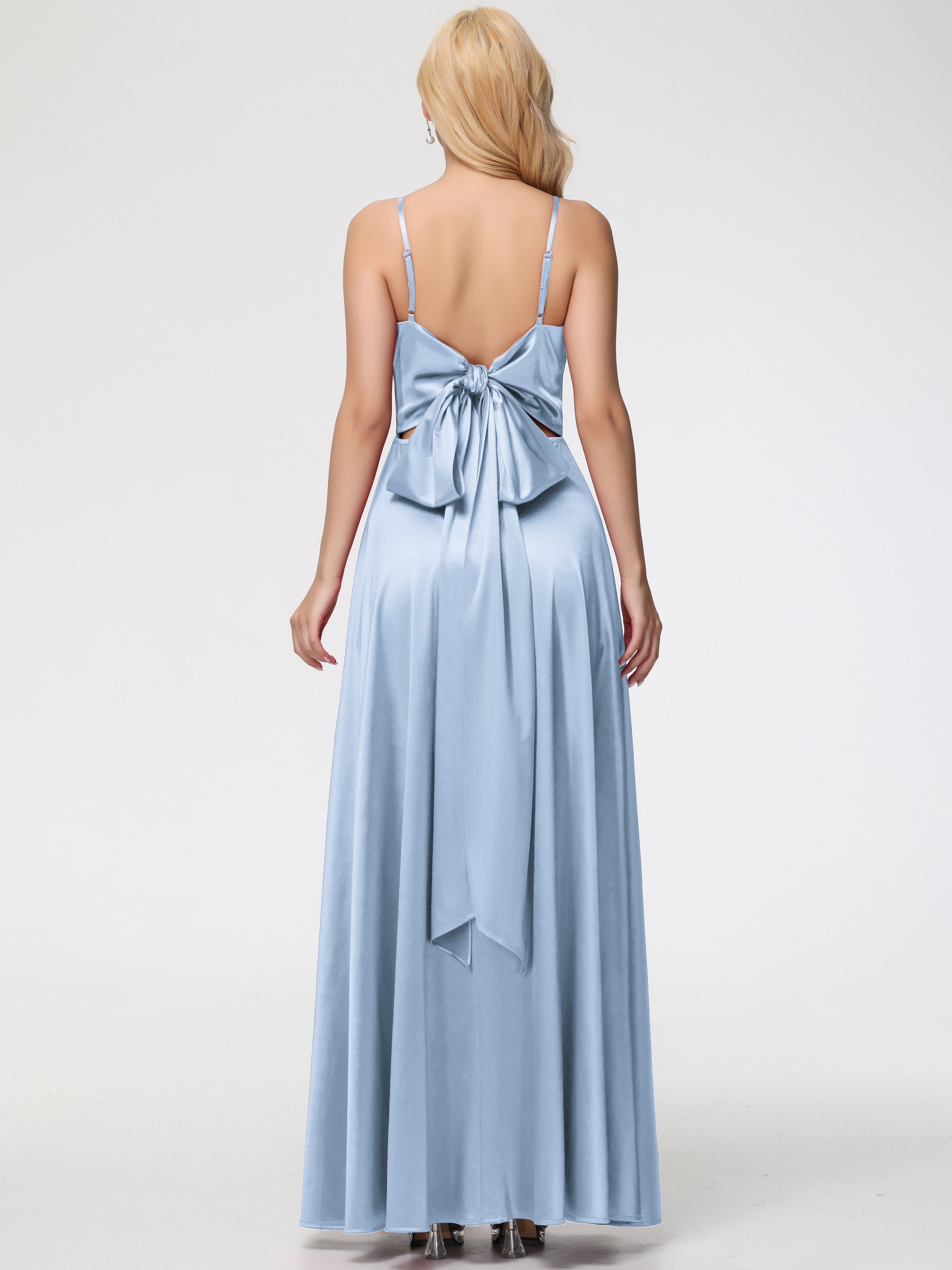 Robe Longue Bleu Ciel Demoiselle D Honneur Col V Trapèze Fendue Satin Extensible Robe De Demoiselle D'Honneur Robe à Lacets