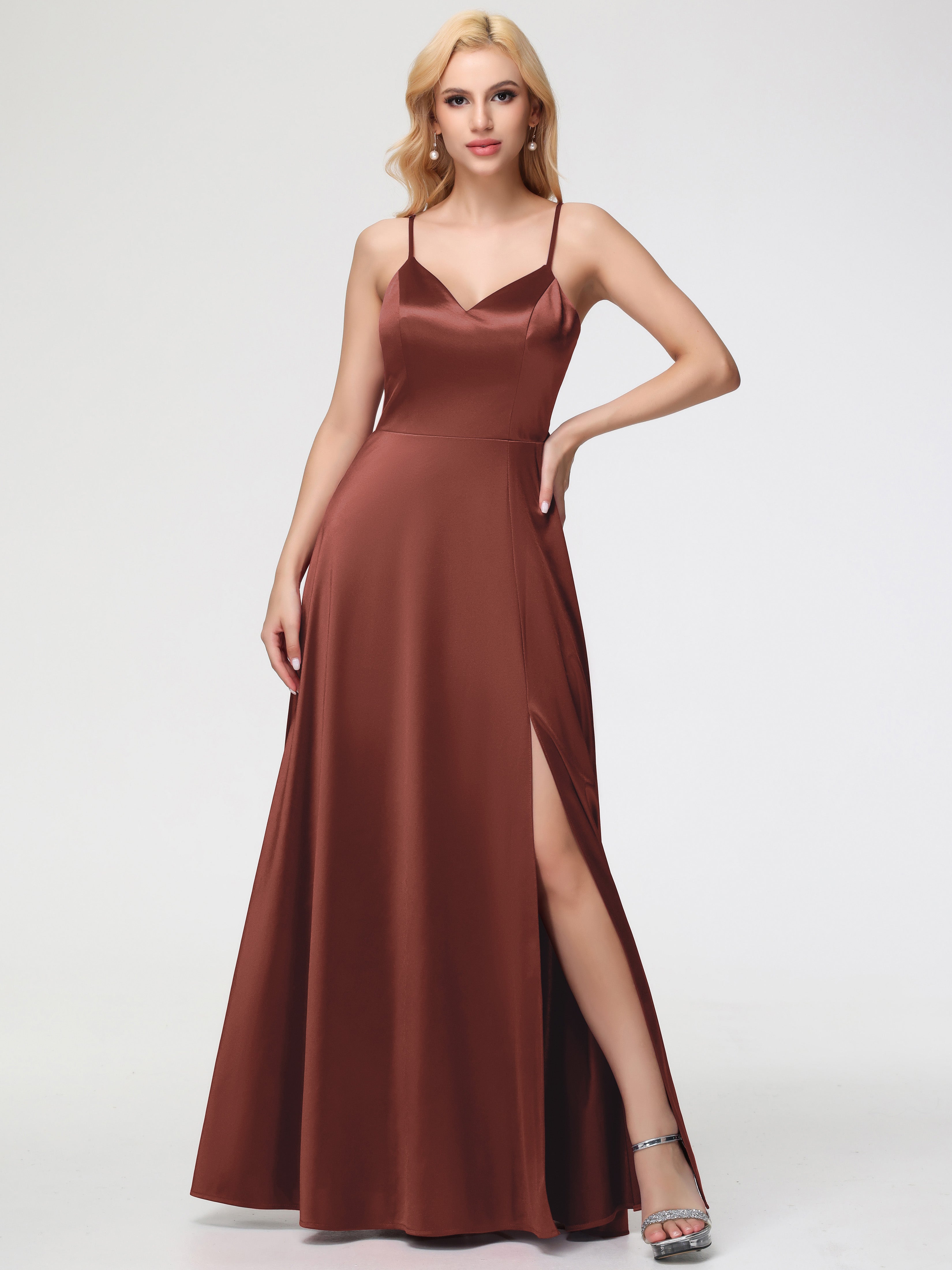 Robe Demoiselle D Honneur Terra Cotta Col V Trapèze Fendue Satin Extensible Robe De Demoiselle D'Honneur Robe à Lacets