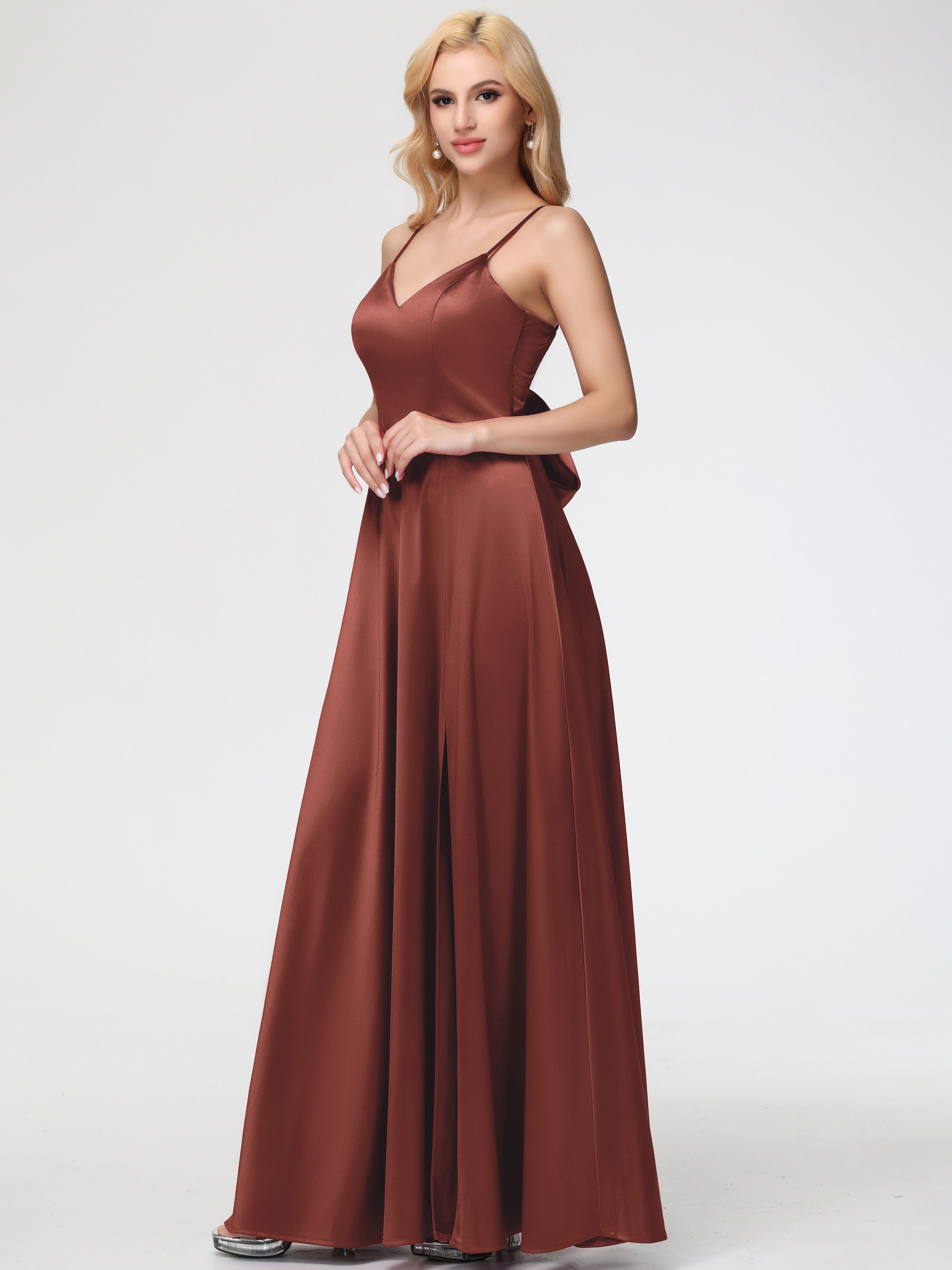 Robe Demoiselle D Honneur Terra Cotta Col V Trapèze Fendue Satin Extensible Robe De Demoiselle D'Honneur Robe à Lacets